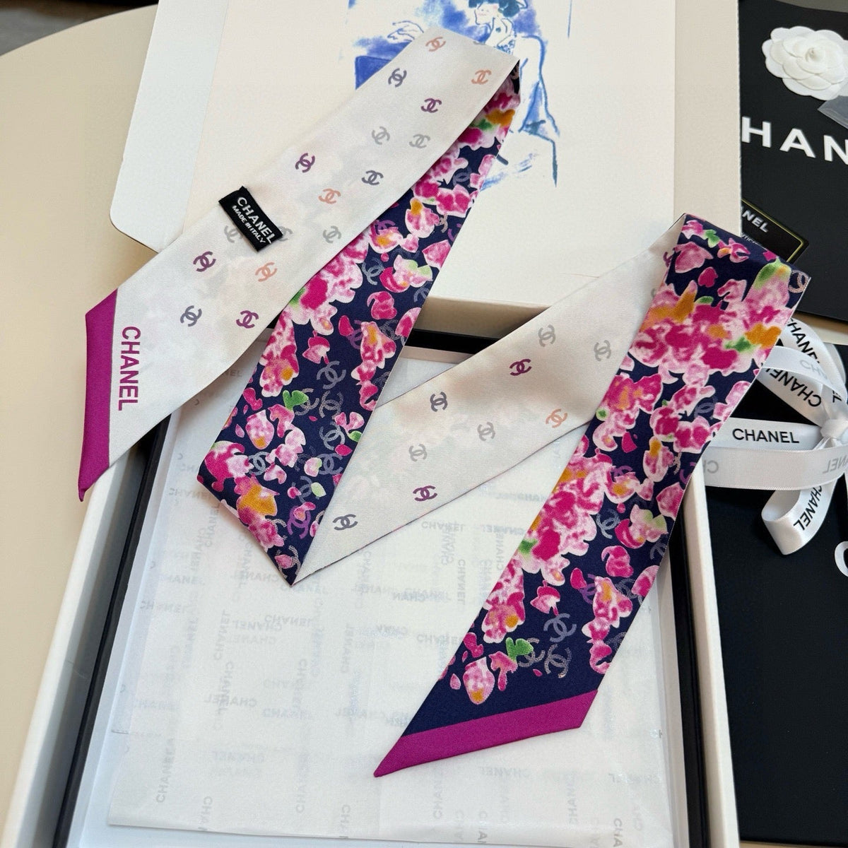 CC Twilly Mini Scarf 105 Black Pink Floral Pattern Silk Twill 147668