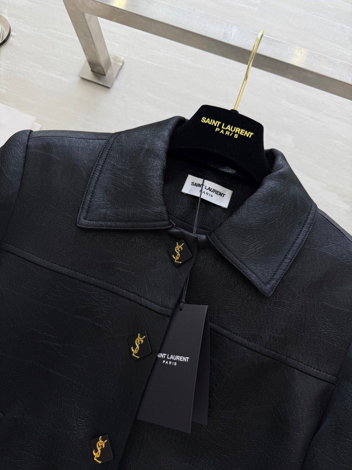 YSL 25 Short Jacket Black Acetic Acid Cracked Fabric
