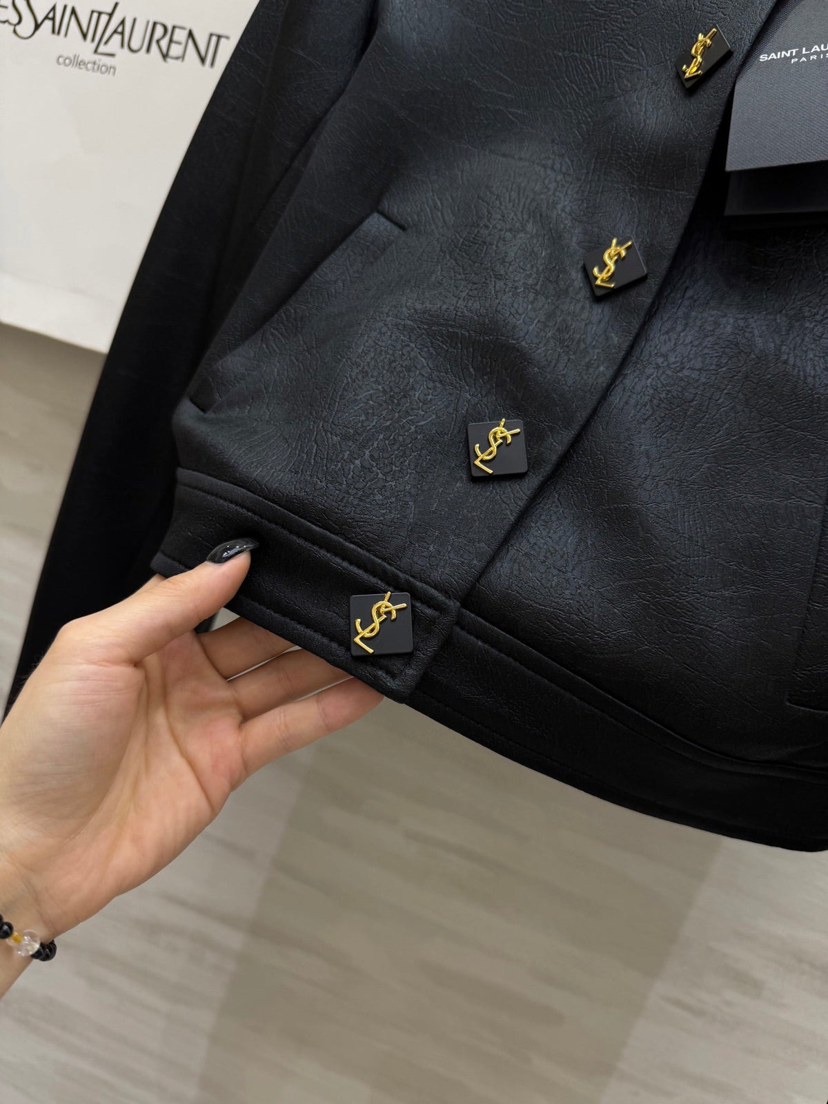 YSL 25 Short Jacket Black Acetic Acid Cracked Fabric