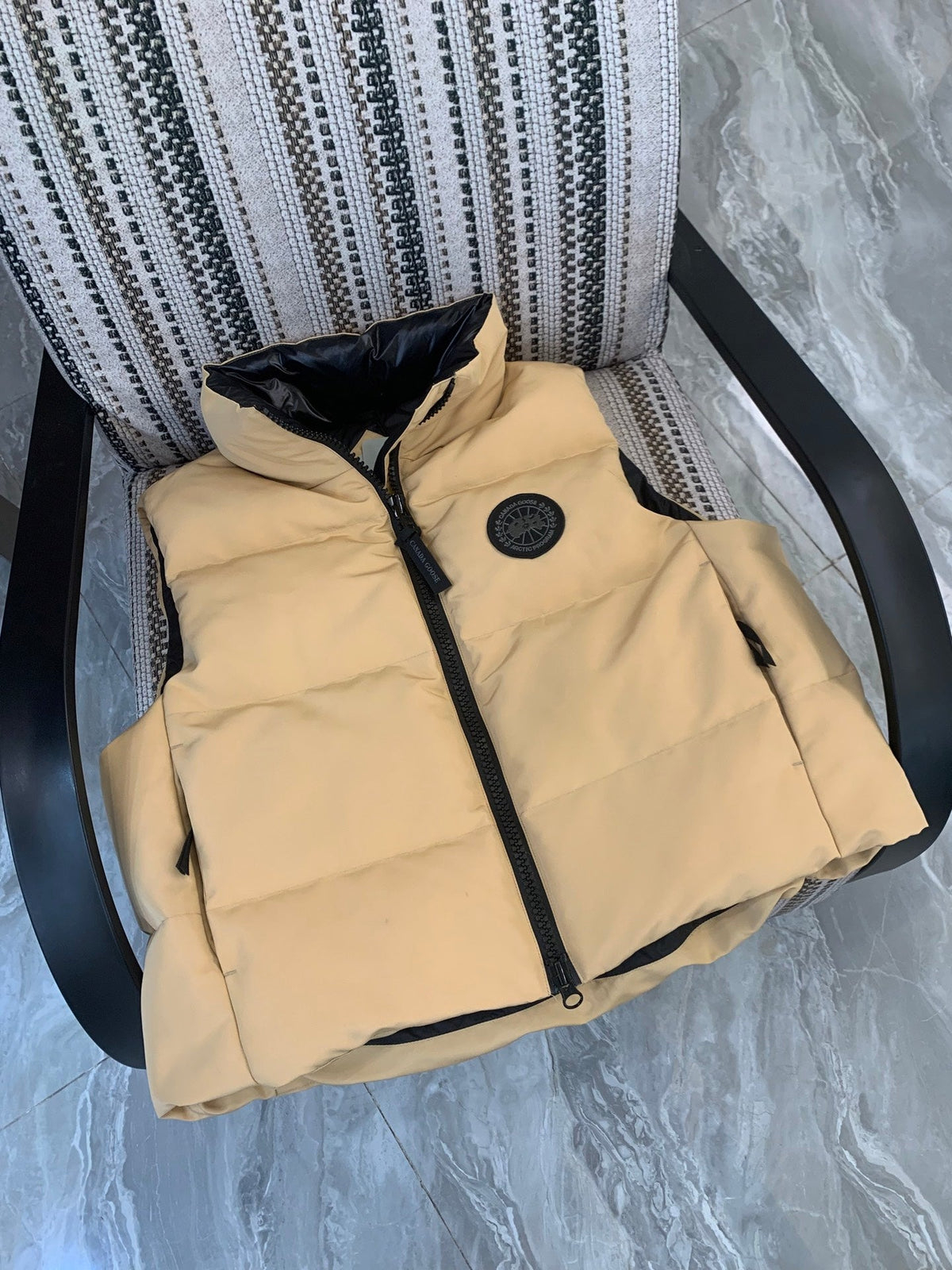 C. Goose Hooded Down Vest Beige Polyester 0004