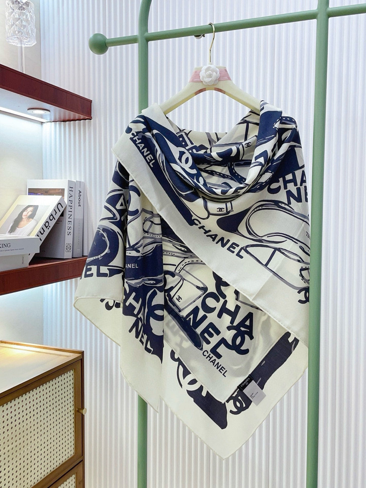 CC Double-Sided  Scarf 140cm  Navy White Silk Cashmere 150385