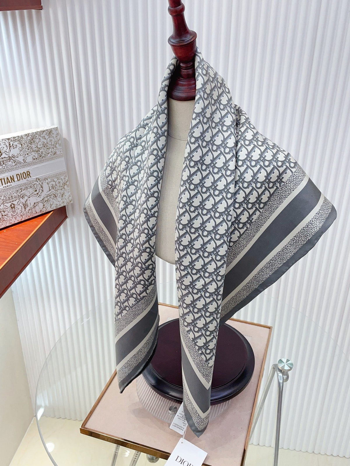 CD Diortwin Scarf 90x90 Grey Burgundy Colorful Twill Silk 215225