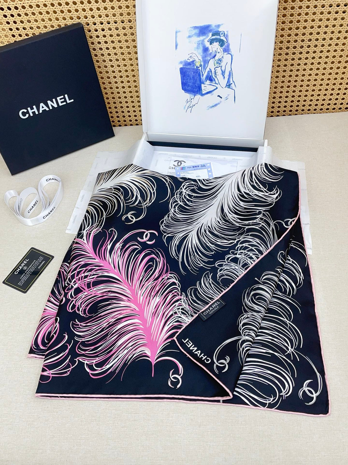 CC Double-Sided  Scarf 90cm Black White Pink Feathers Logo Twill Silk 150370