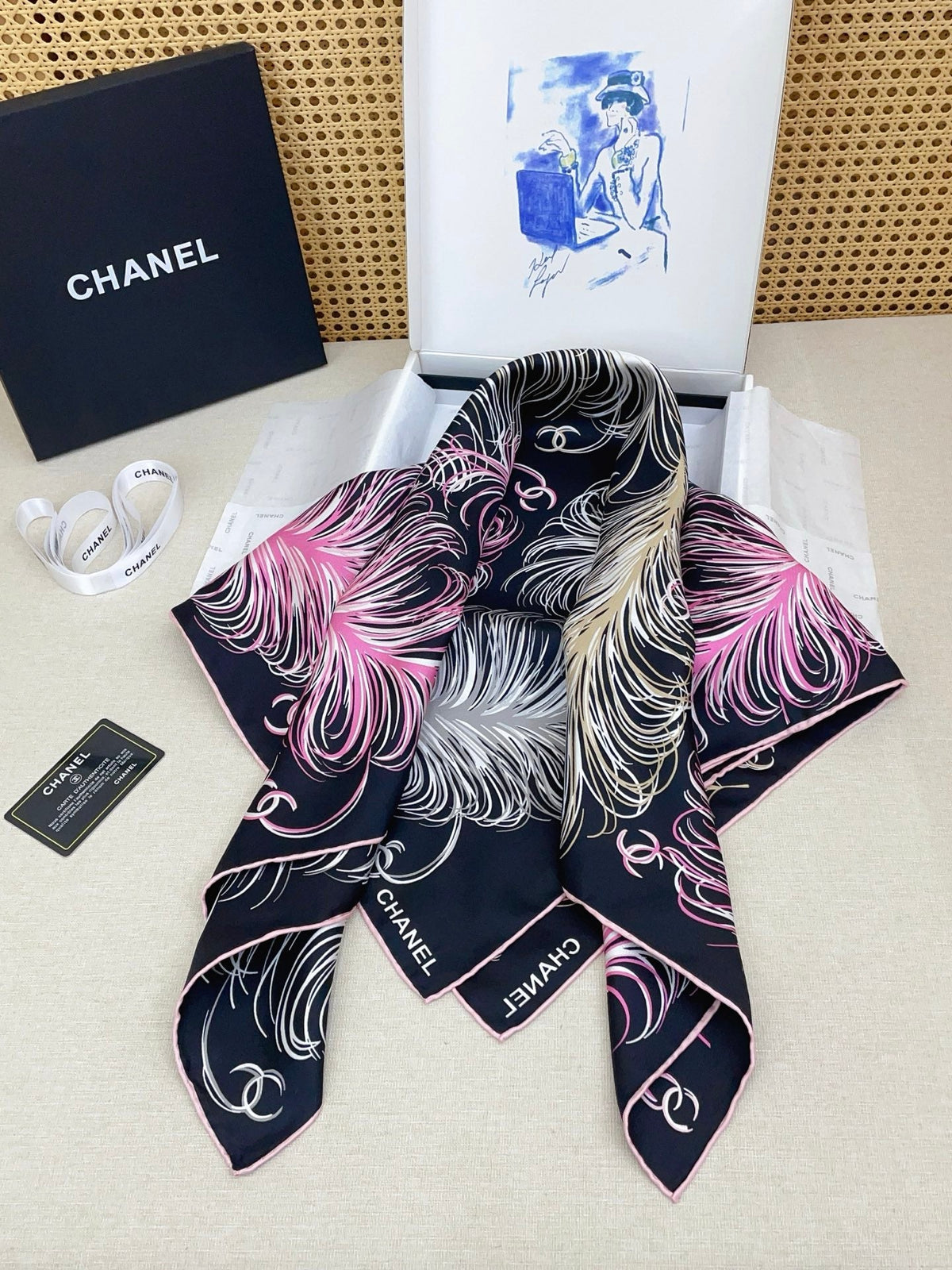 CC Double-Sided  Scarf 90cm Black White Pink Feathers Logo Twill Silk 150370