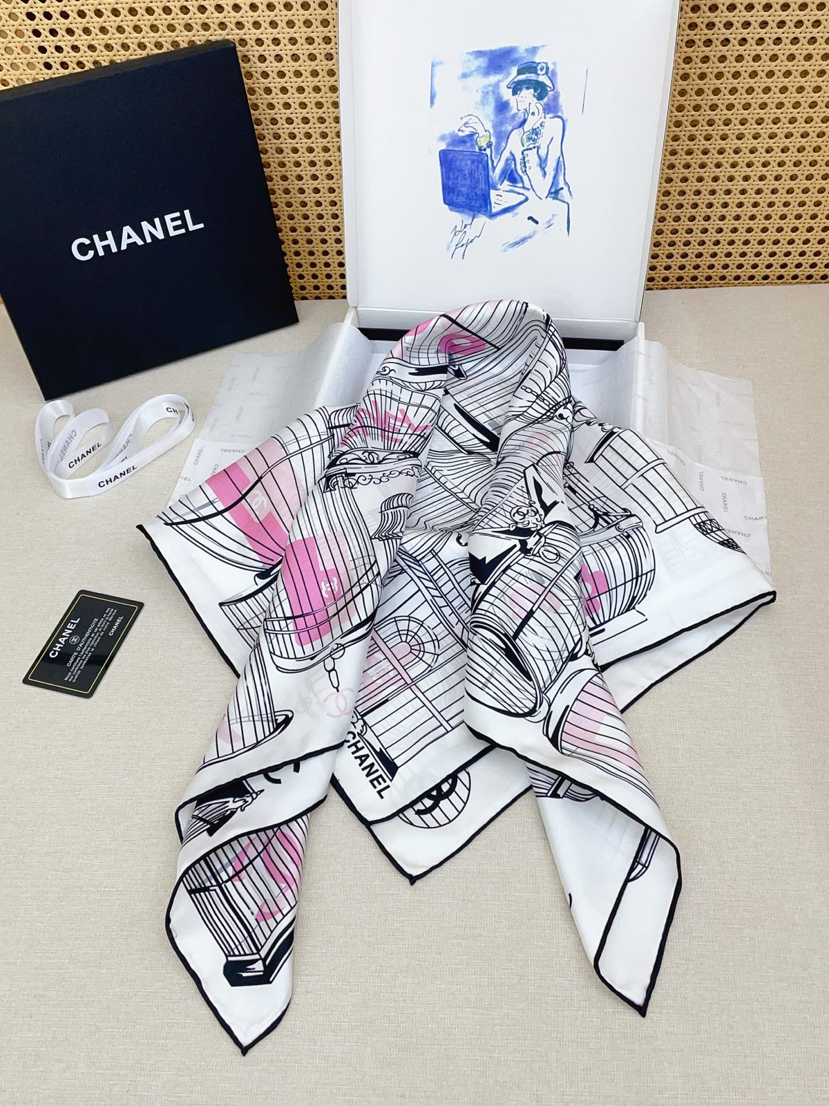 CC Birdcage Scarf 90x90cm White Colorful Silk Twill 209924
