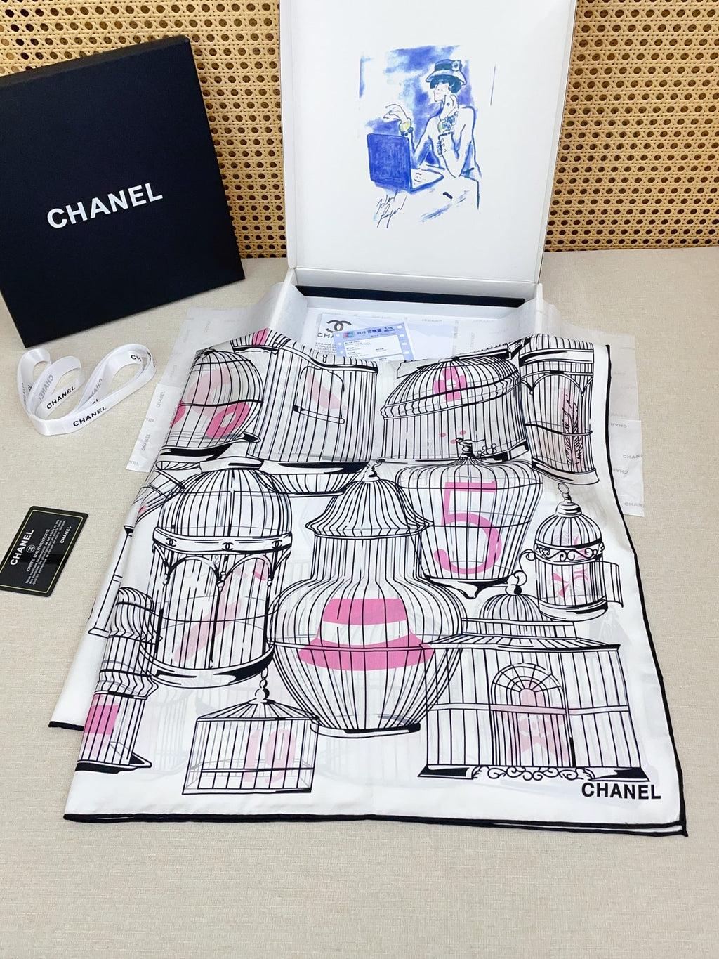 CC Birdcage Scarf 90x90cm White Colorful Silk Twill 209924