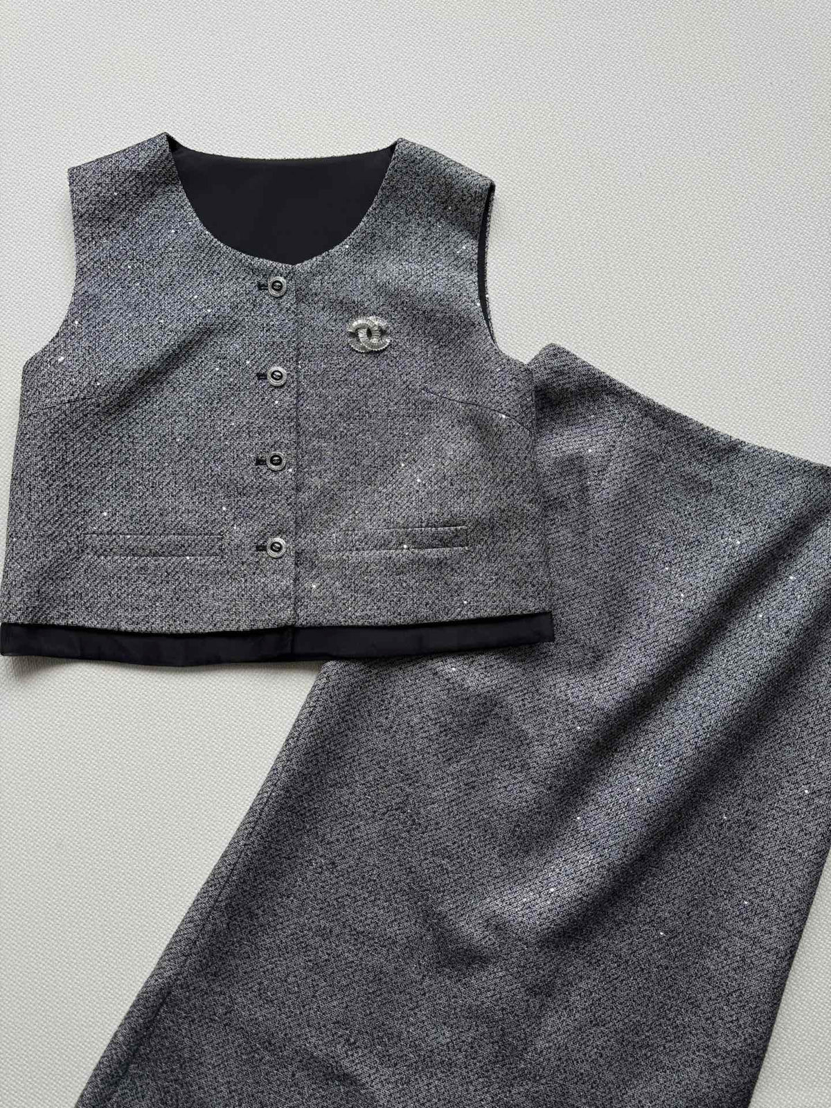 CC Vest & Line Skirt Set Grey Wool-Blend Tweed 352979