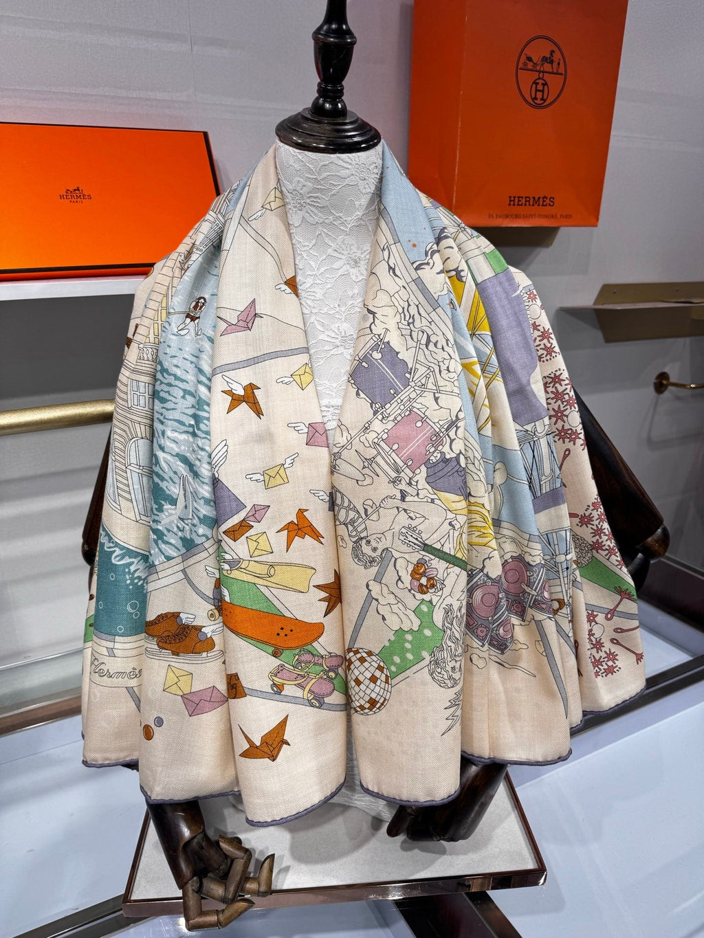 Hermès Flagship Shawl 140x140cm Cream Colorful Cashmere Silk 212383