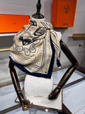 Hermès Grand Apparat Bandana Shawl 140x140cm Cream Blue Cashmere Silk 212690