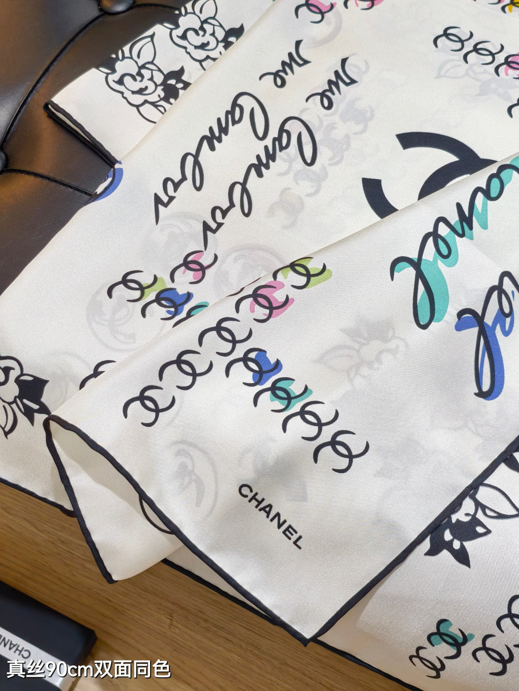 CC Cambon Scarf 90x90 White Colorful Twill Silk 219470