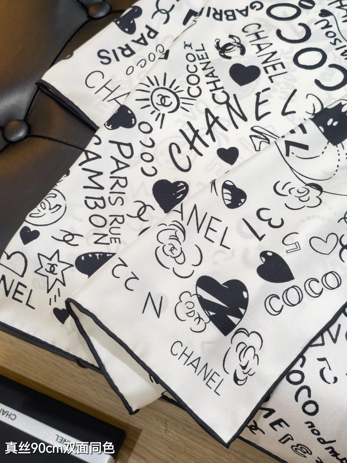 CC Love Coco Scarf 90x90 Black White Twill Silk 212055