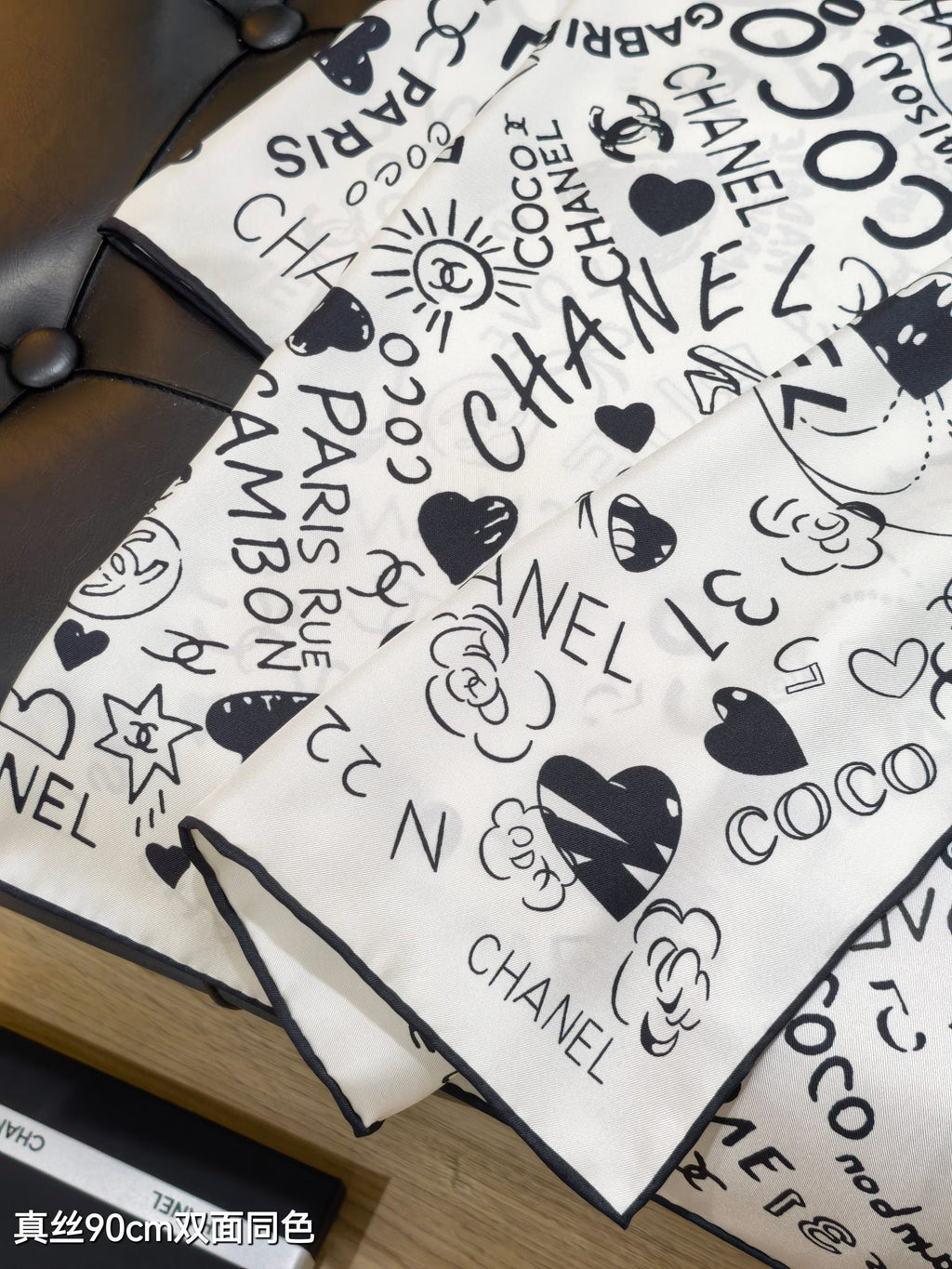 CC Love Coco Scarf 90x90 Black White Twill Silk 212055