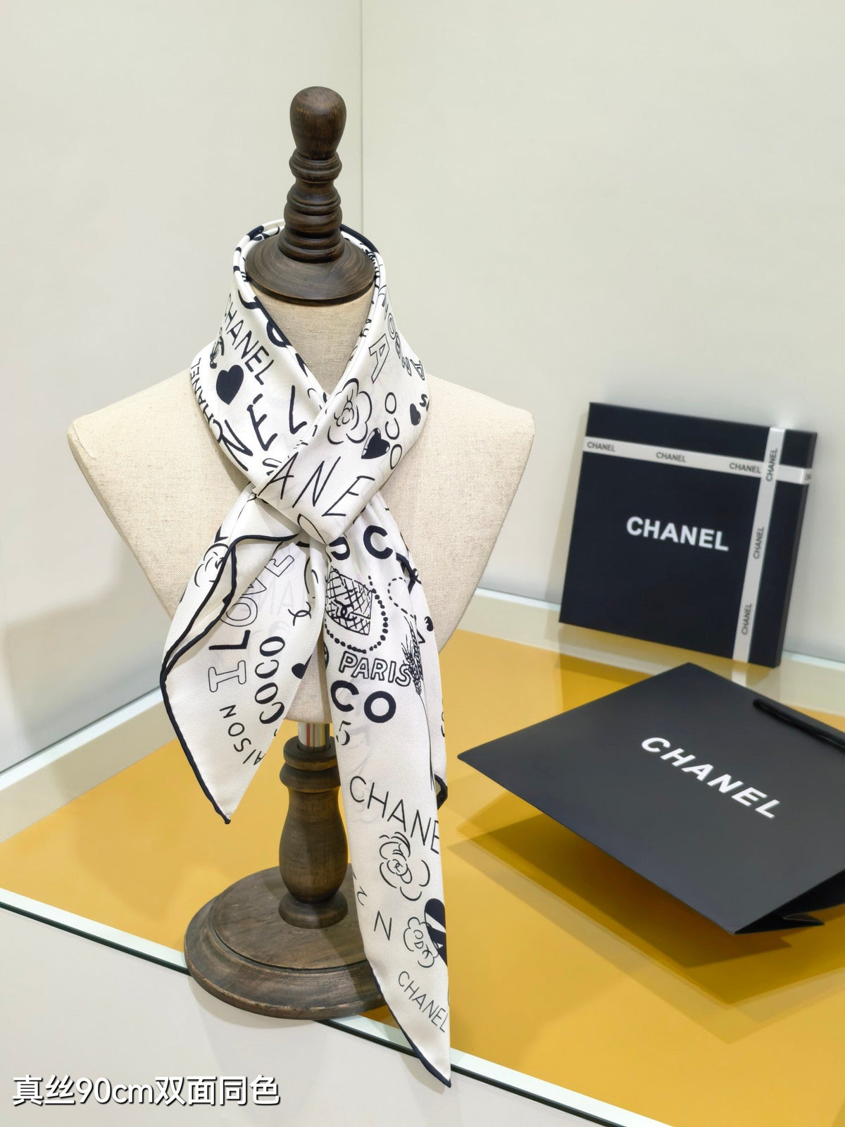 CC Love Coco Scarf 90x90 Black White Twill Silk 212055
