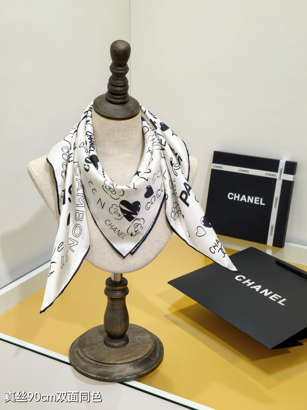 CC Love Coco Scarf 90x90 Black White Twill Silk 212055