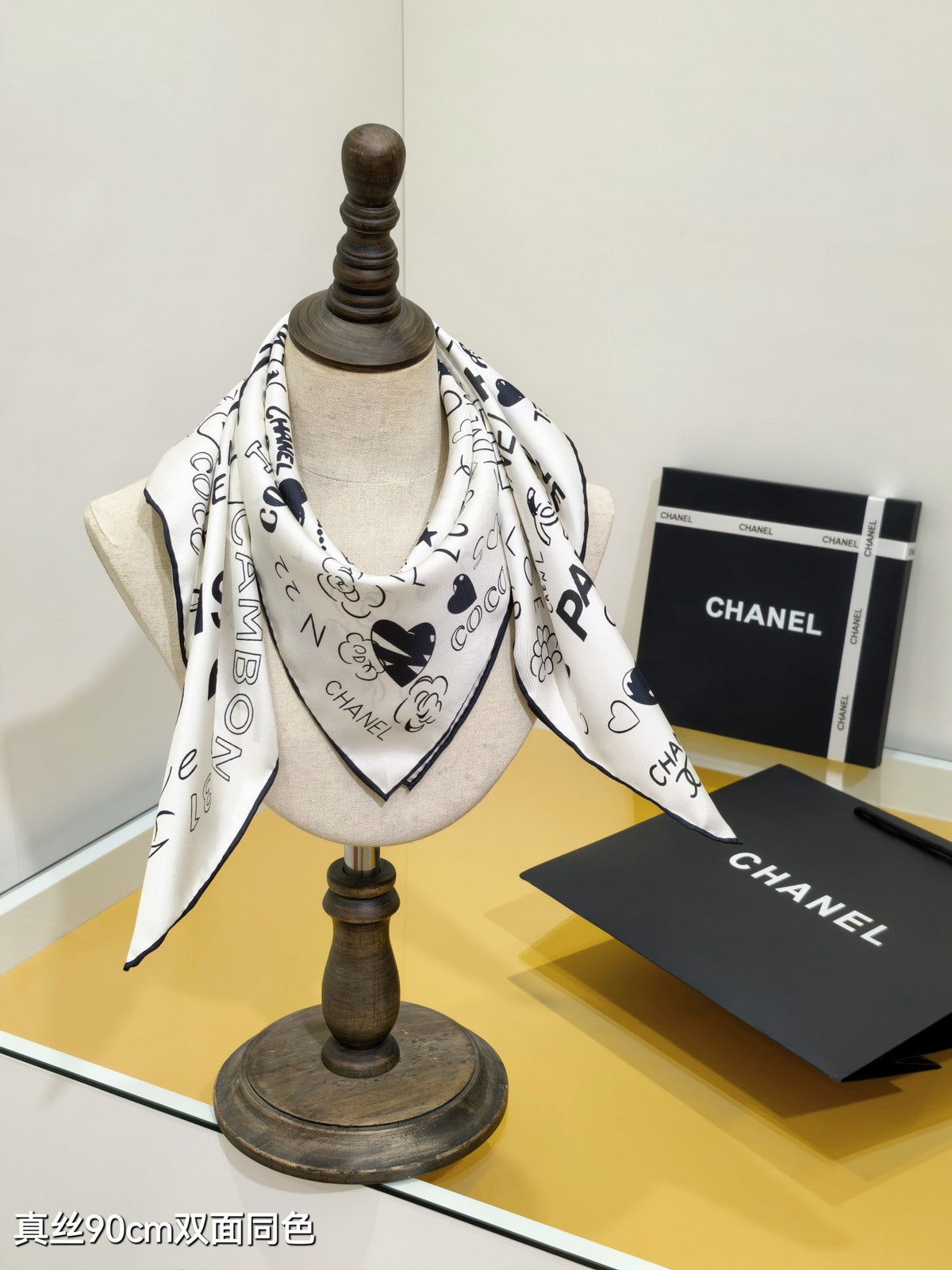 CC Love Coco Scarf 90x90 Black White Twill Silk 212055