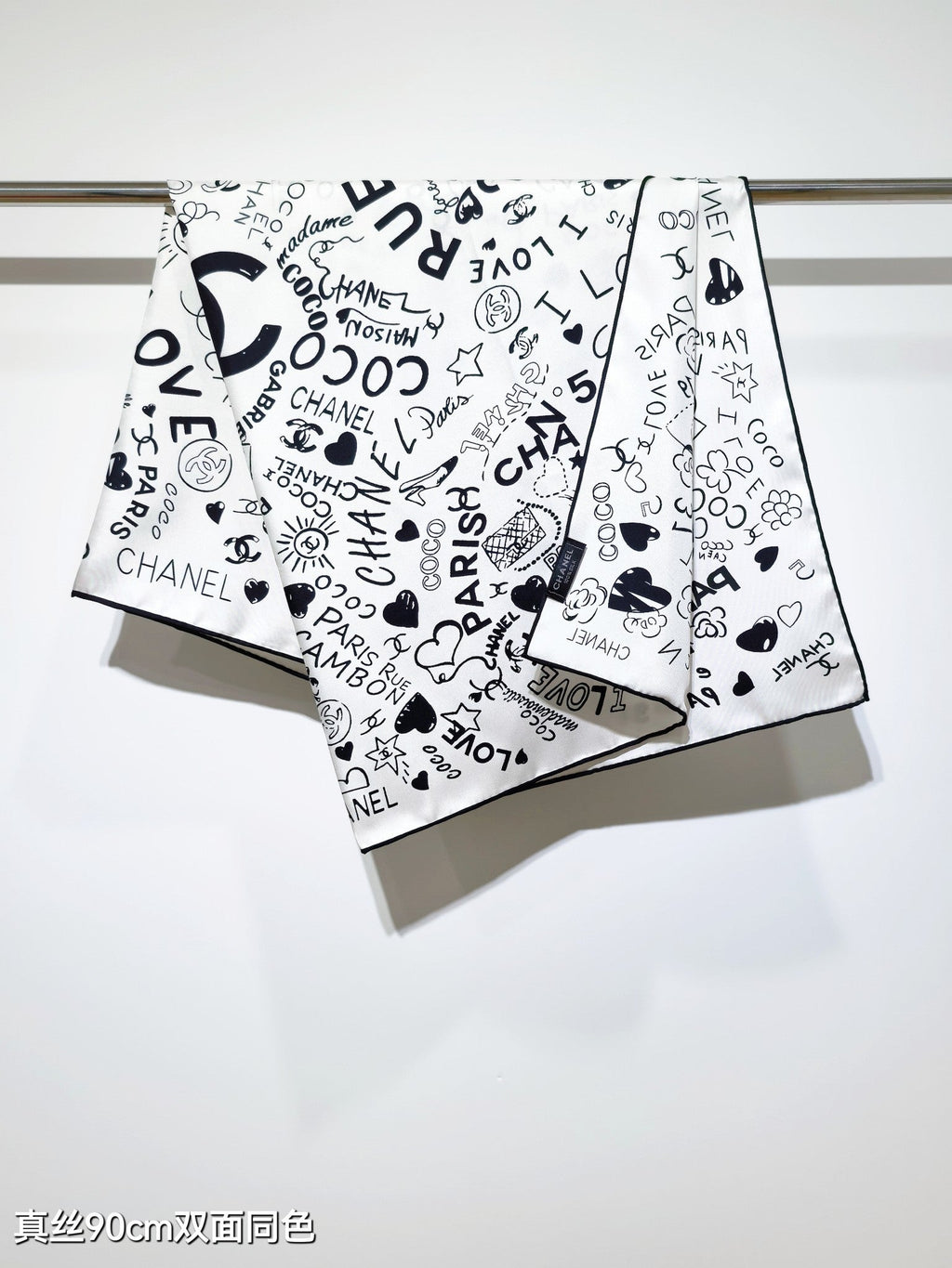 CC Love Coco Scarf 90x90 Black White Twill Silk 212055