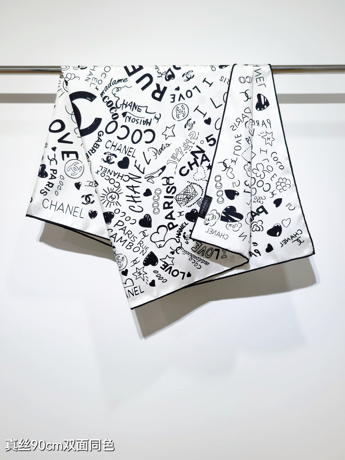 CC Love Coco Scarf 90x90 Black White Twill Silk 212055