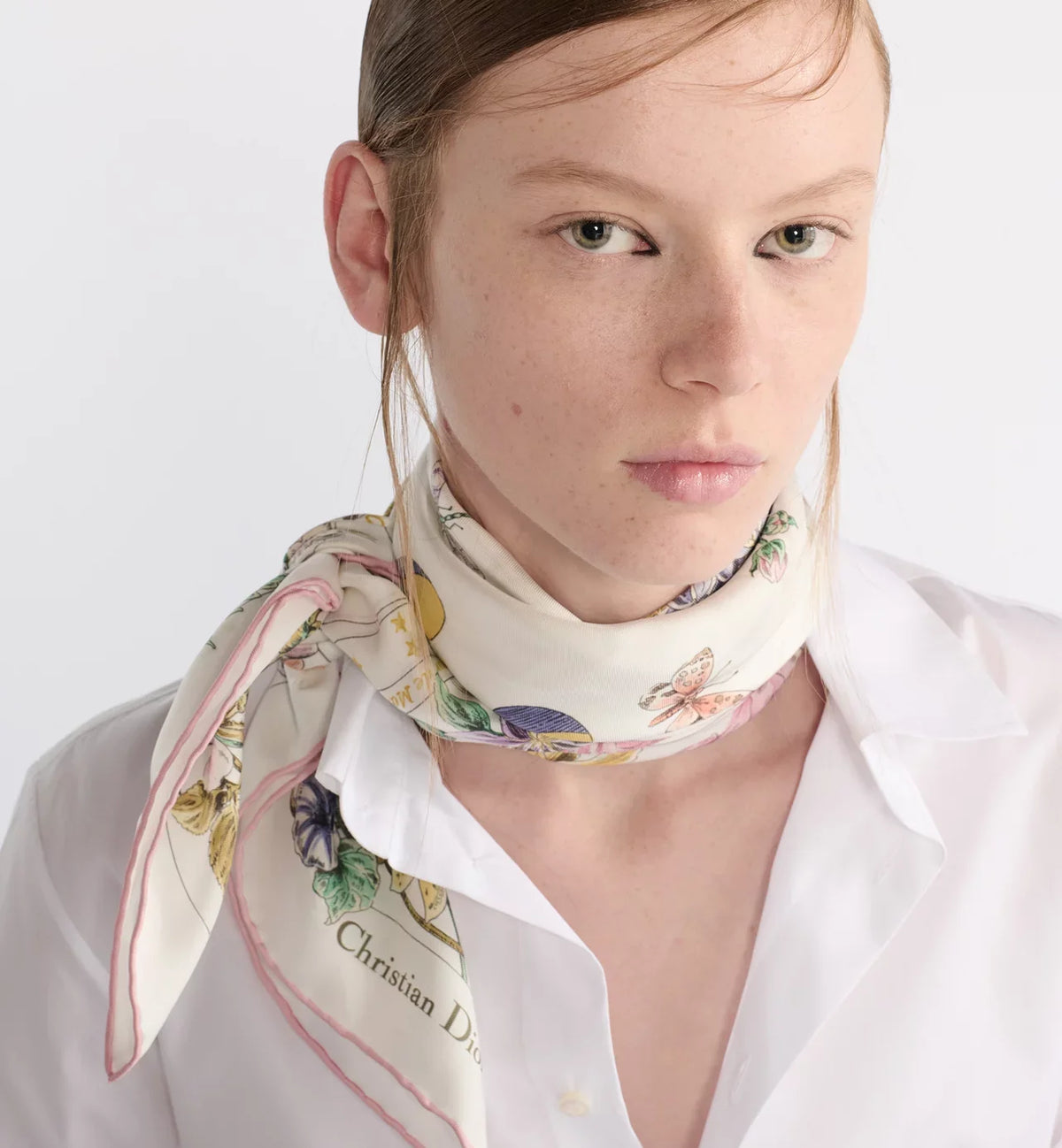 CD Astral Flowers Scarf 90x90 White Colorful Twill Silk 219474