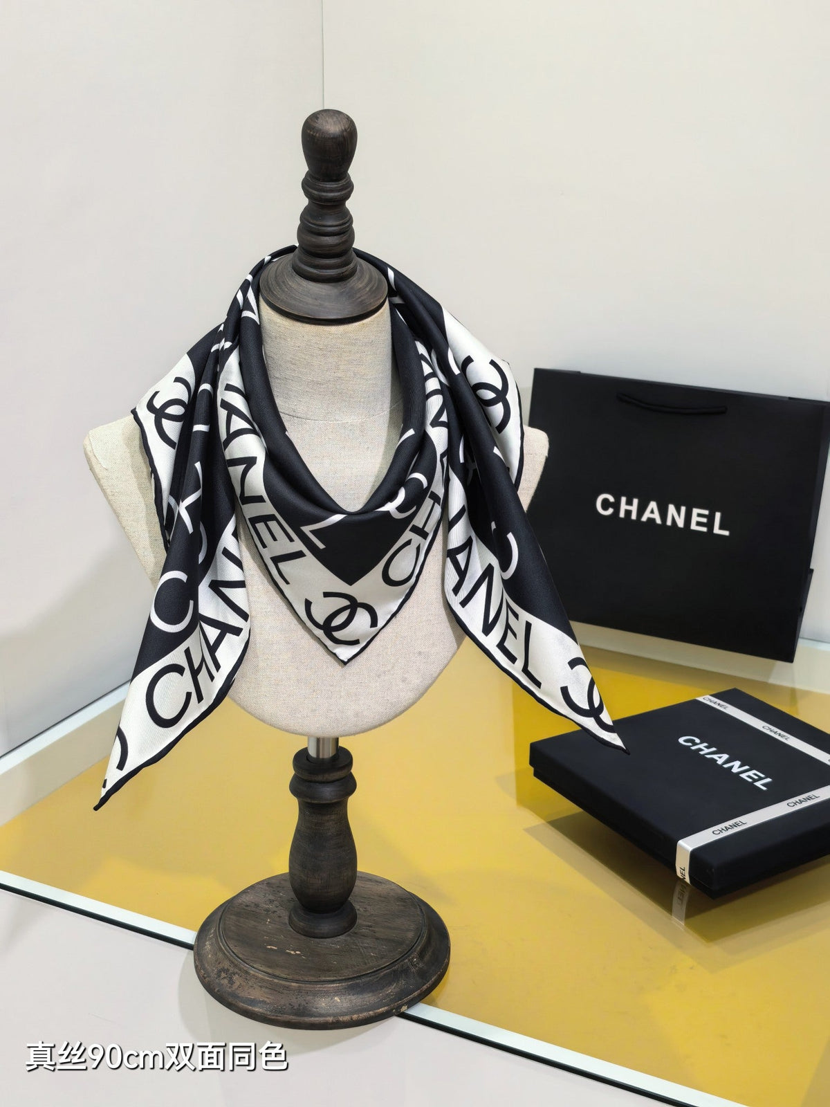 CC Monogram Scarf 90x90 Black White Colorful Twill Silk 219469