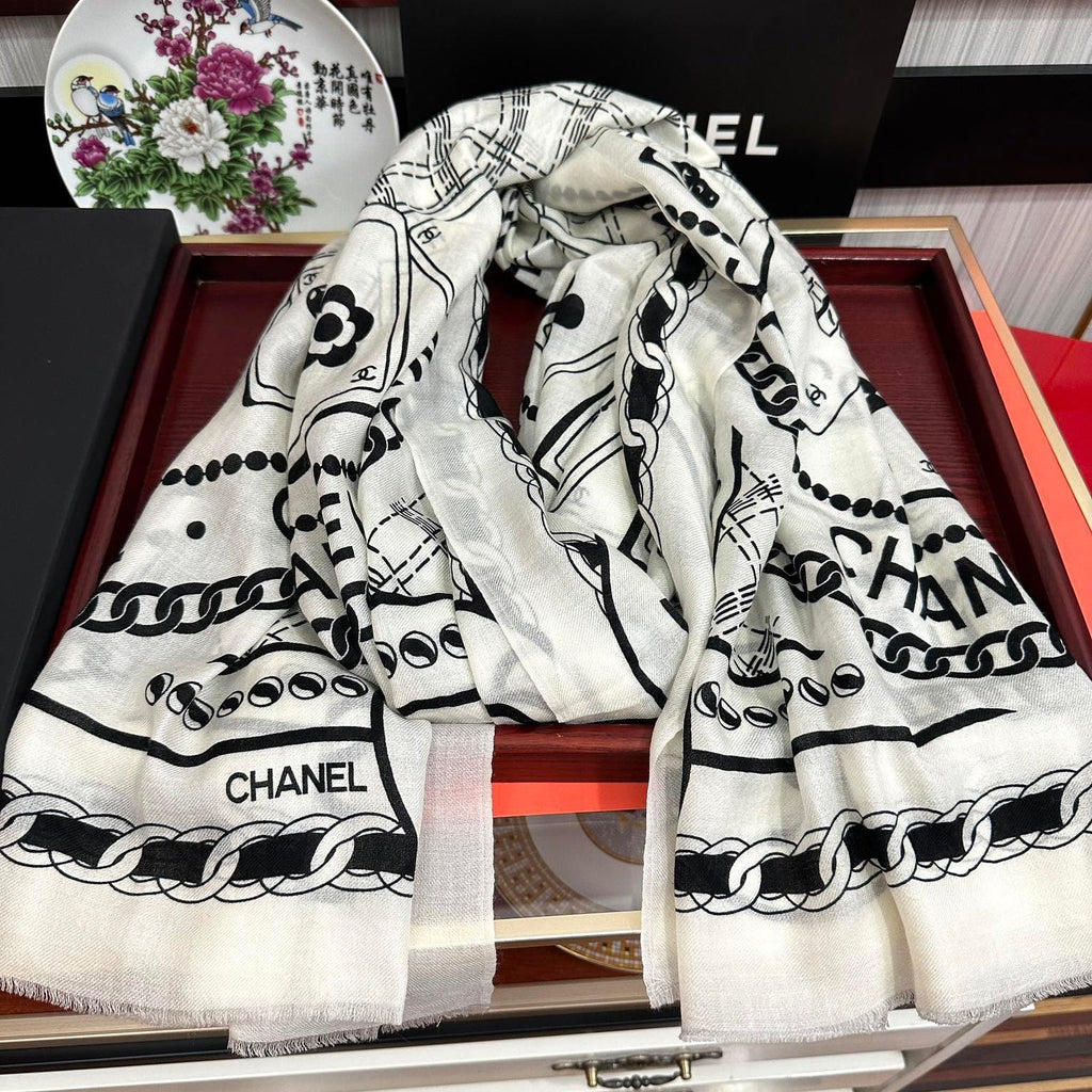 CC Camellia Letter Print 200cm White Black Cashmere 153113