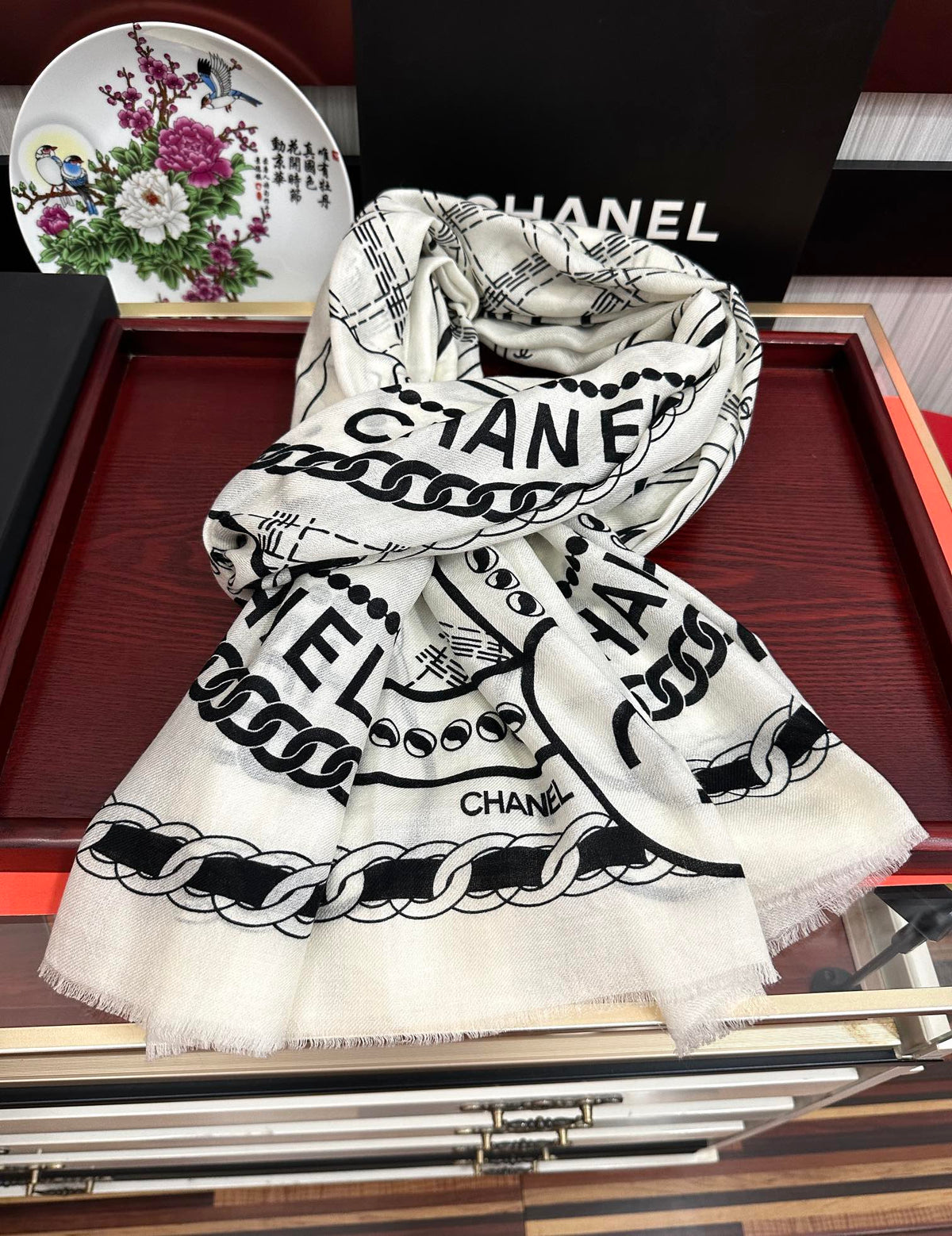 CC Camellia Letter Print 200cm White Black Cashmere 153113