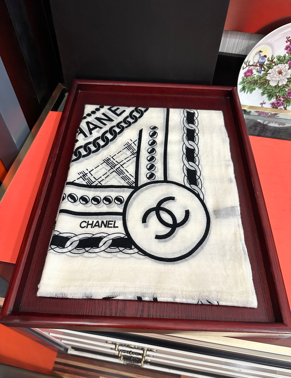 CC Camellia Letter Print 200cm White Black Cashmere 153113