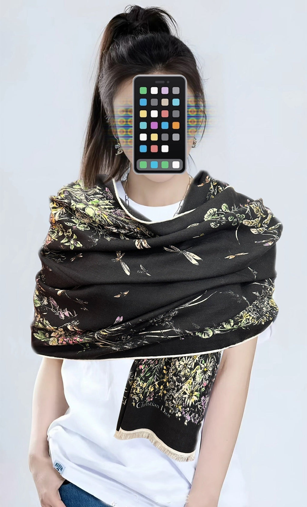 CD Double-Sided Scarf 185cm Black Multicolor Cashmere 153118