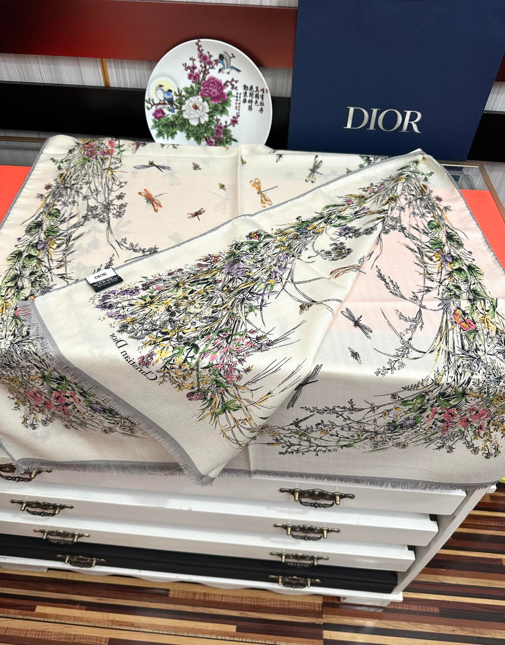 CD Double-Sided Scarf 185cm Ivory Multicolor Cashmere 153119