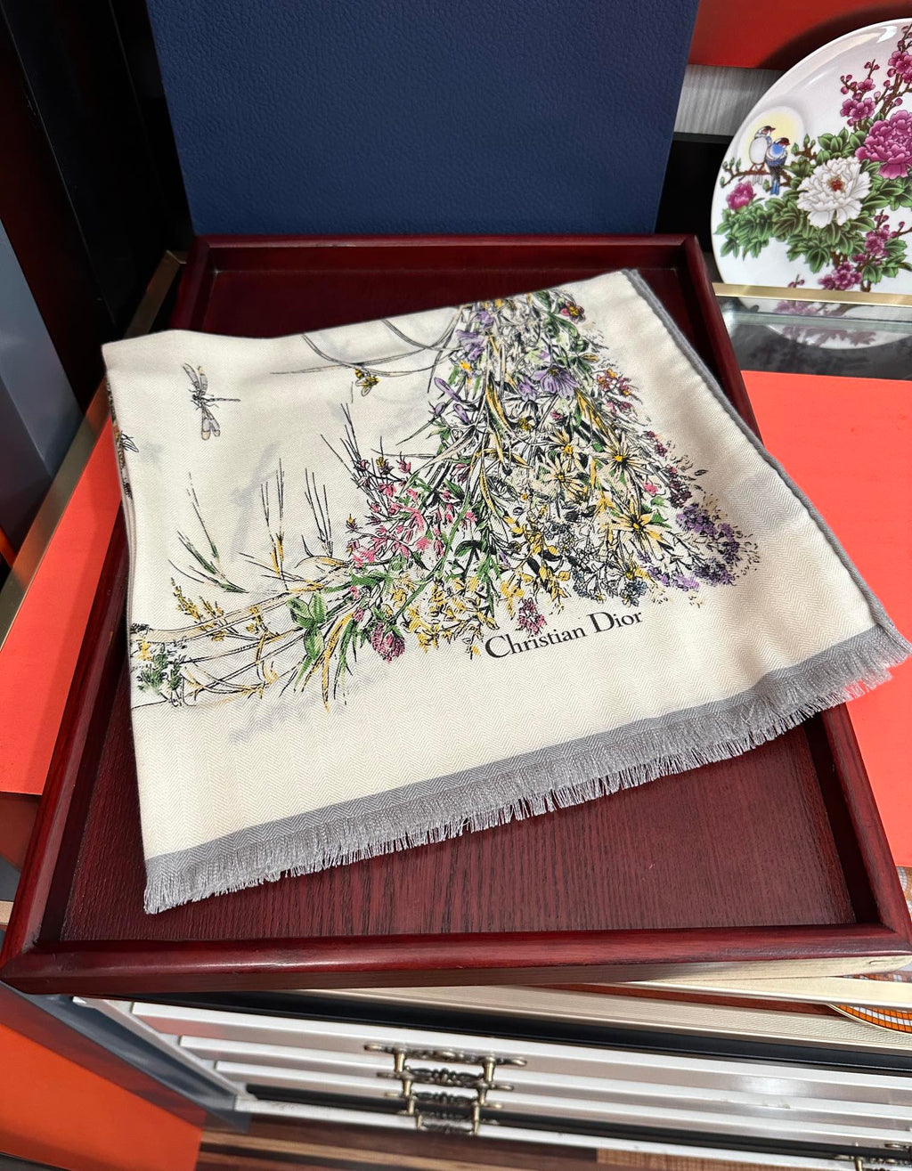 CD Double-Sided Scarf 185cm Ivory Multicolor Cashmere 153119