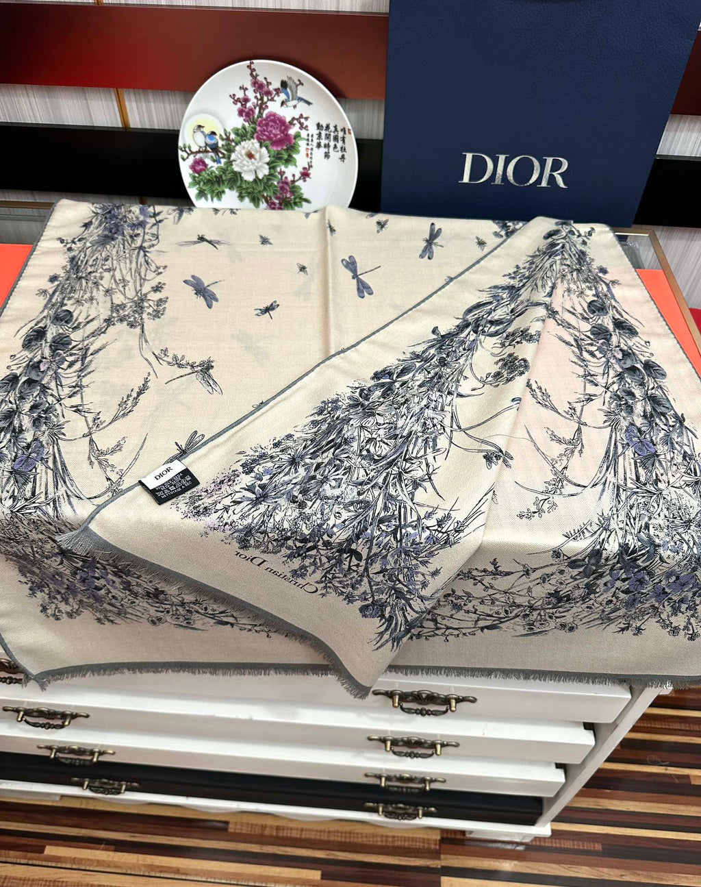 CD Double-Sided Scarf 185cm Ivory Blue Cashmere 153120