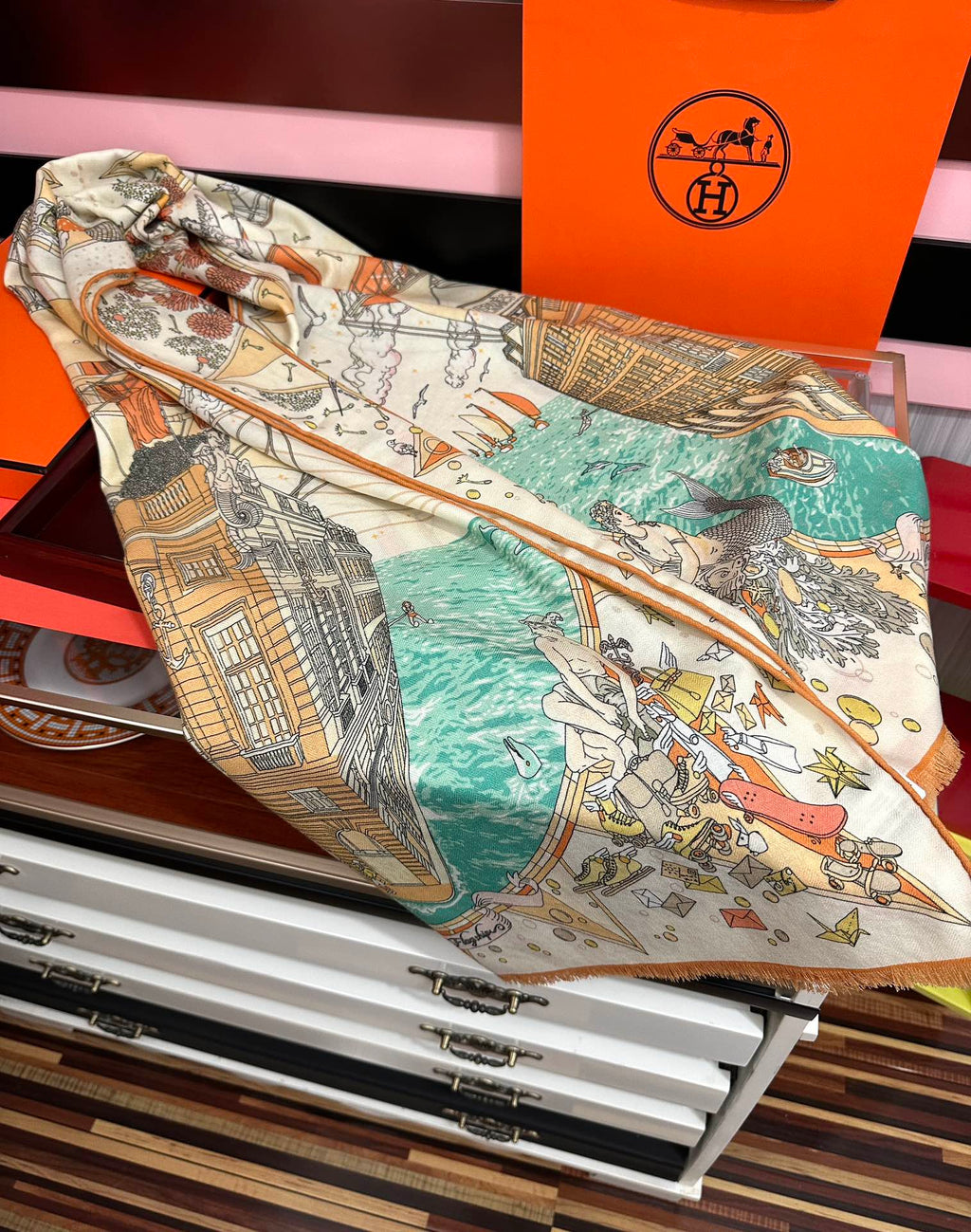 HM 26s Double-sided Scarf 185cm Creme Orange Vert Cashmere 153122