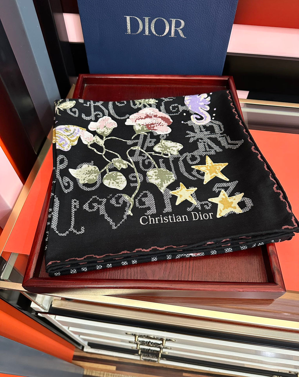 CD Double-Sided Scarf 140cm Noir Multicolor Cashmere Silk 153131