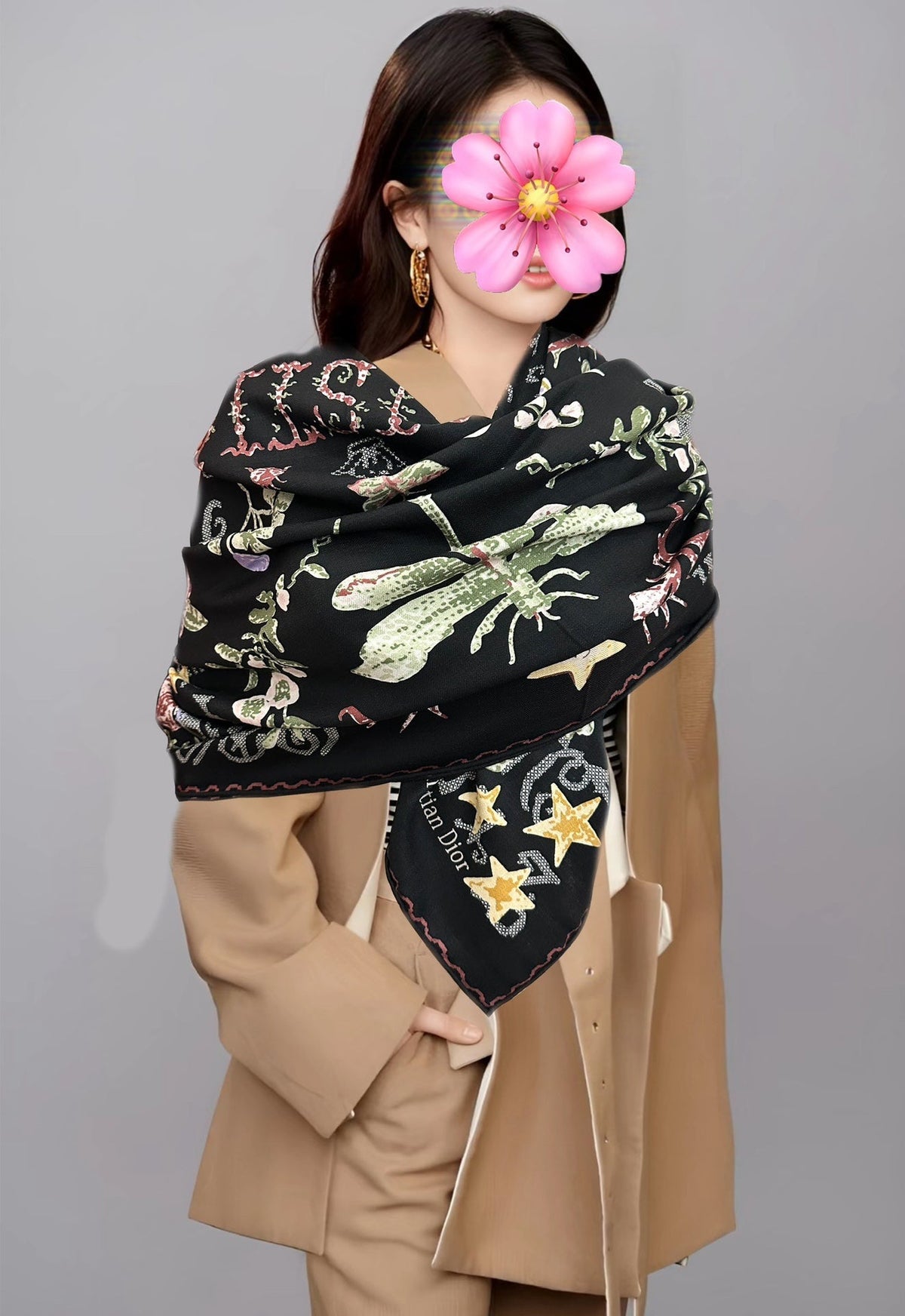 CD Double-Sided Scarf 140cm Noir Multicolor Cashmere Silk 153131