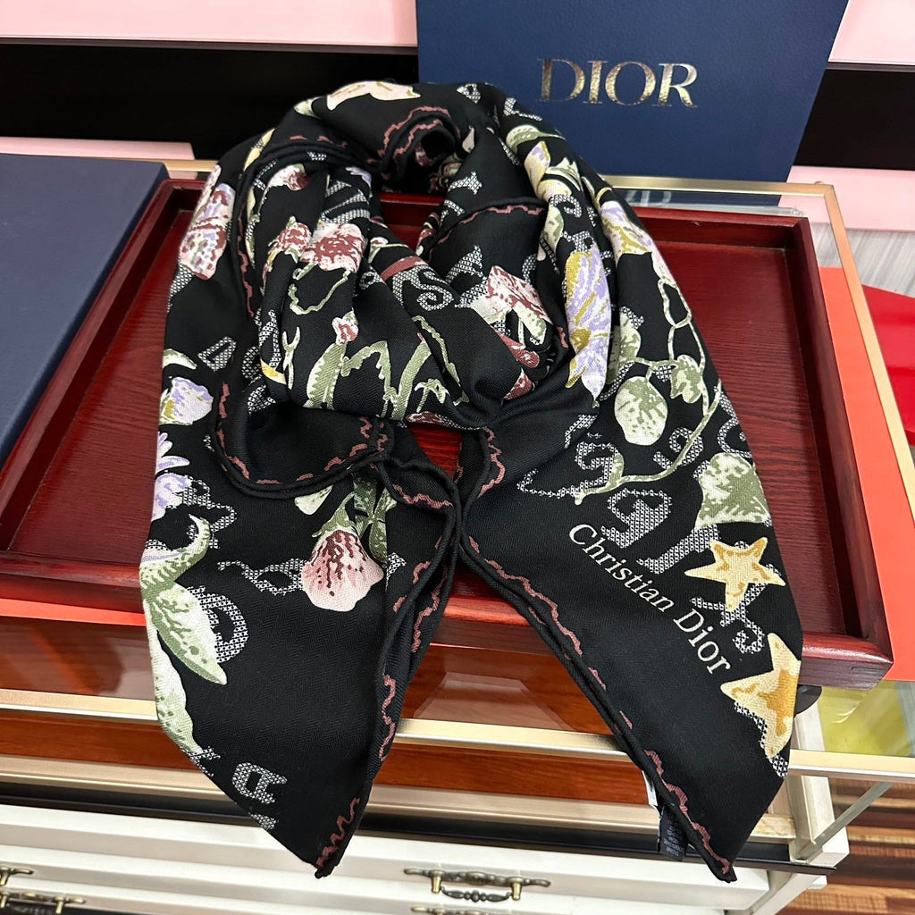 CD Double-Sided Scarf 140cm Noir Multicolor Cashmere Silk 153131