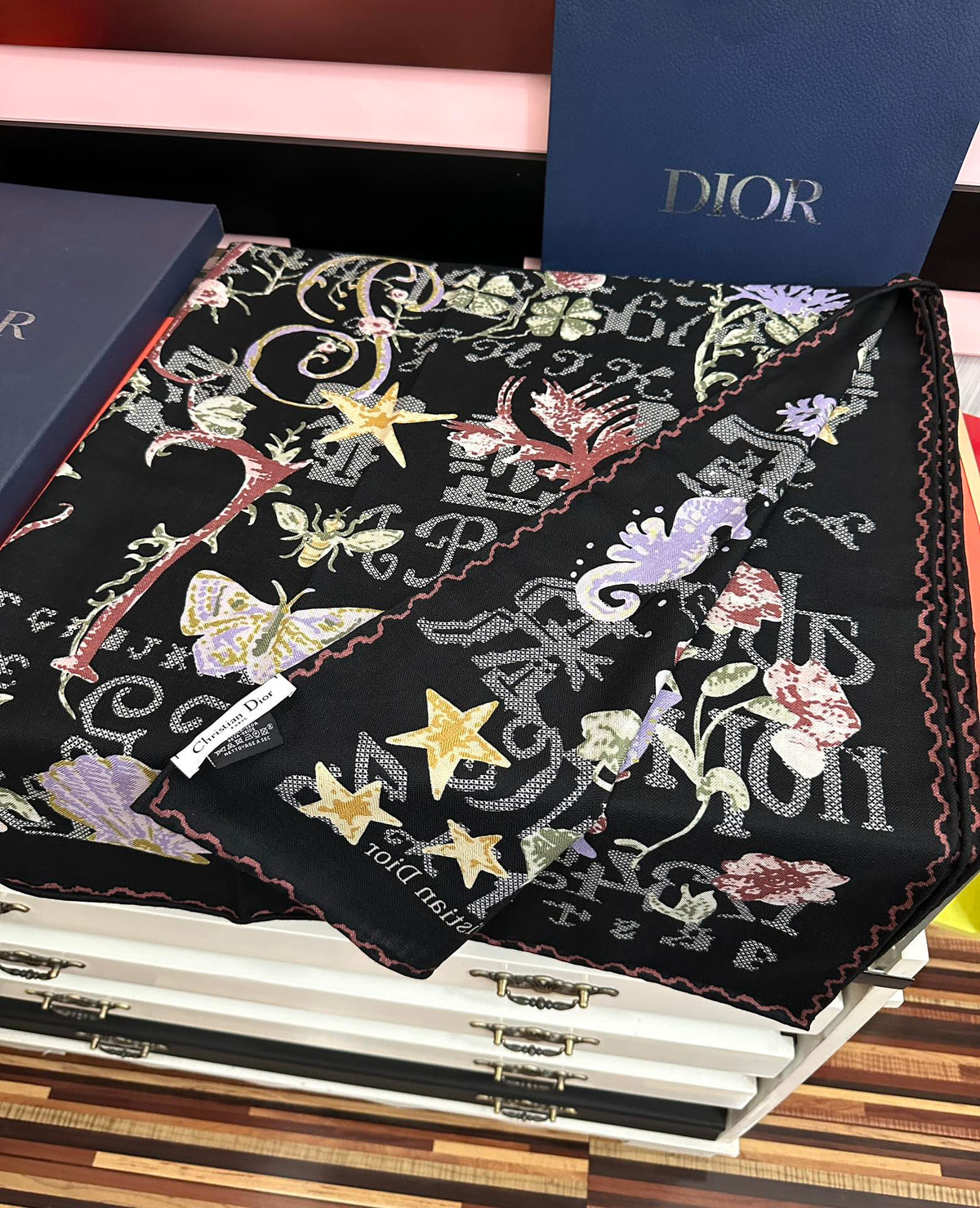 CD Double-Sided Scarf 140cm Noir Multicolor Cashmere Silk 153131