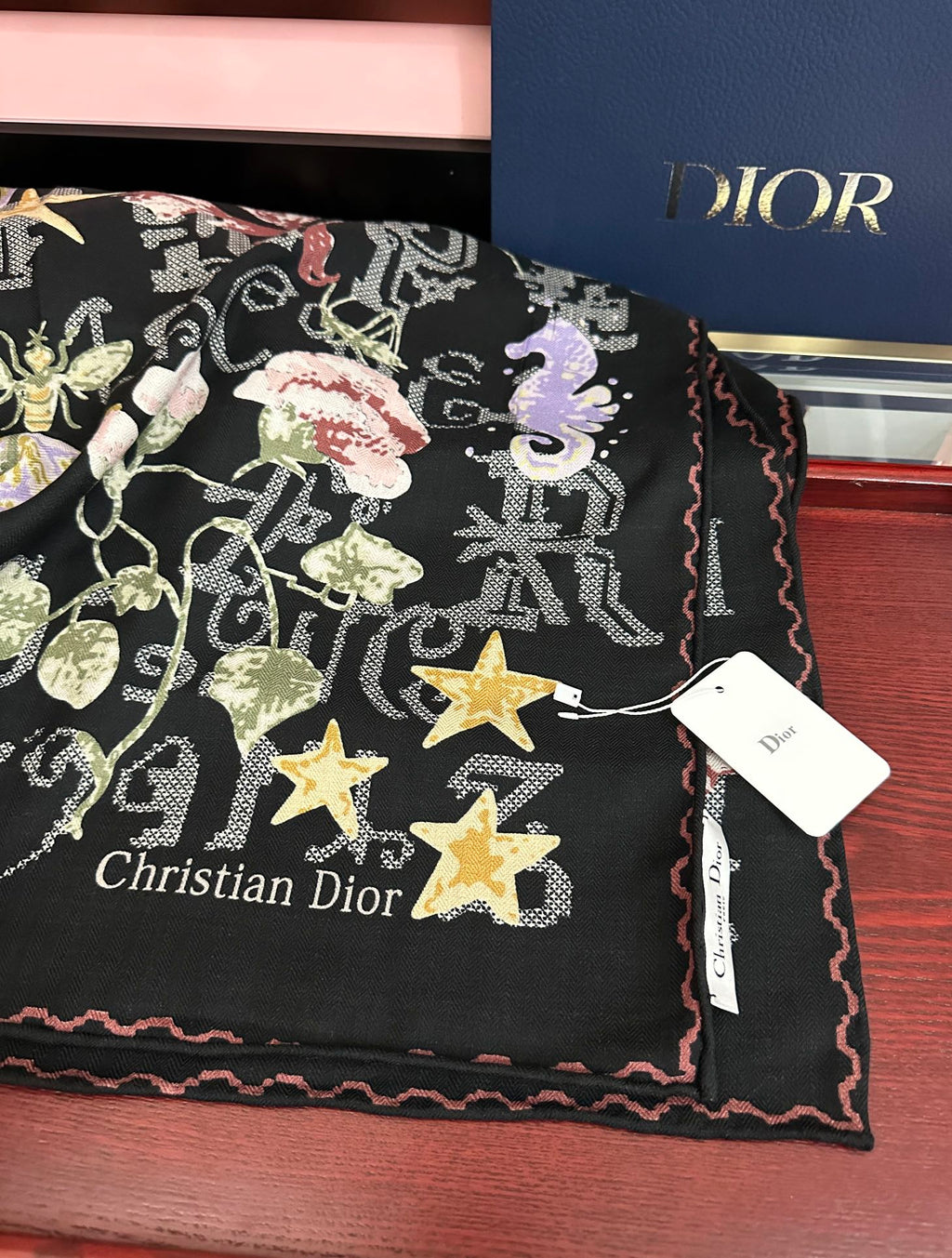 CD Double-Sided Scarf 140cm Noir Multicolor Cashmere Silk 153131