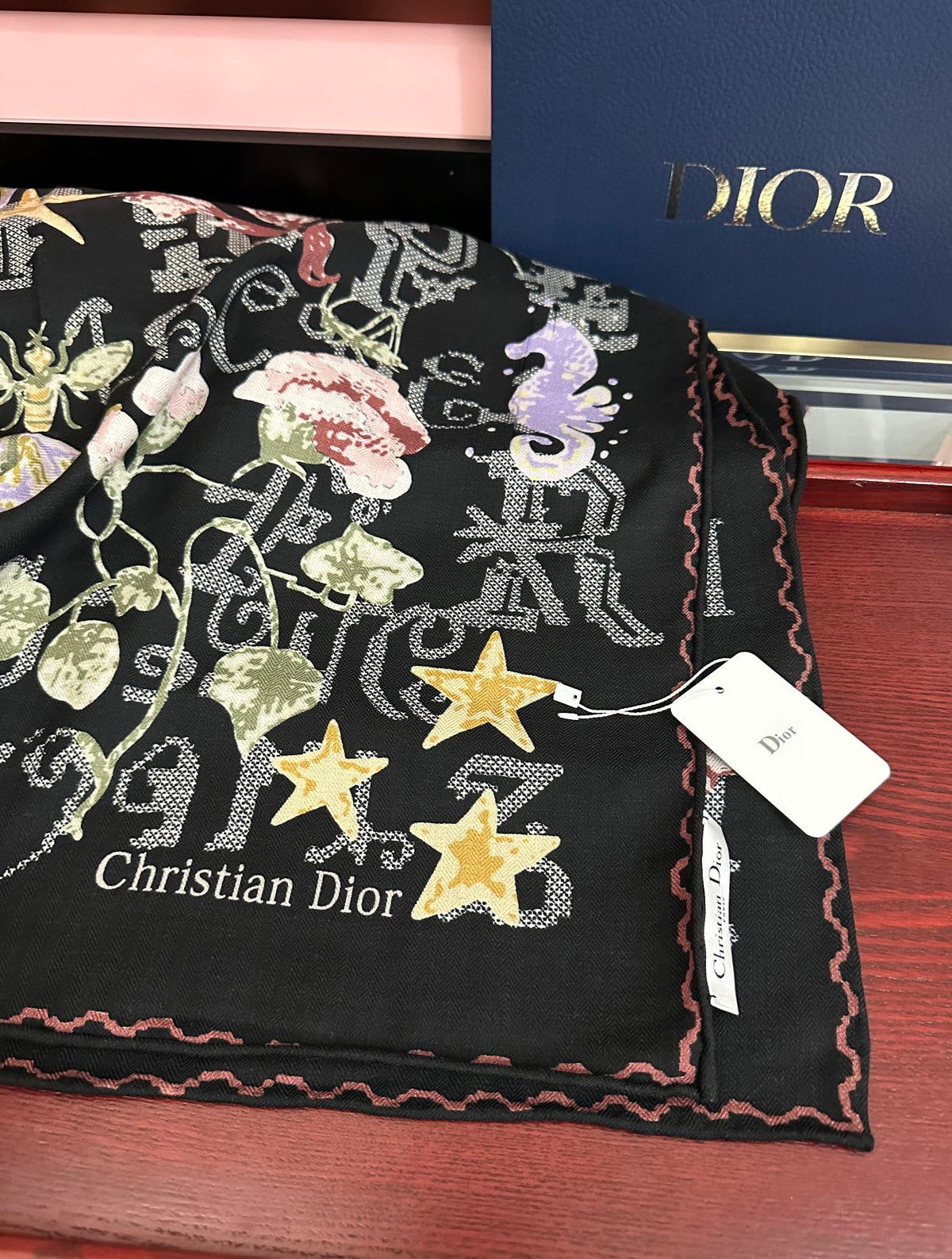 CD Double-Sided Scarf 140cm Noir Multicolor Cashmere Silk 153131