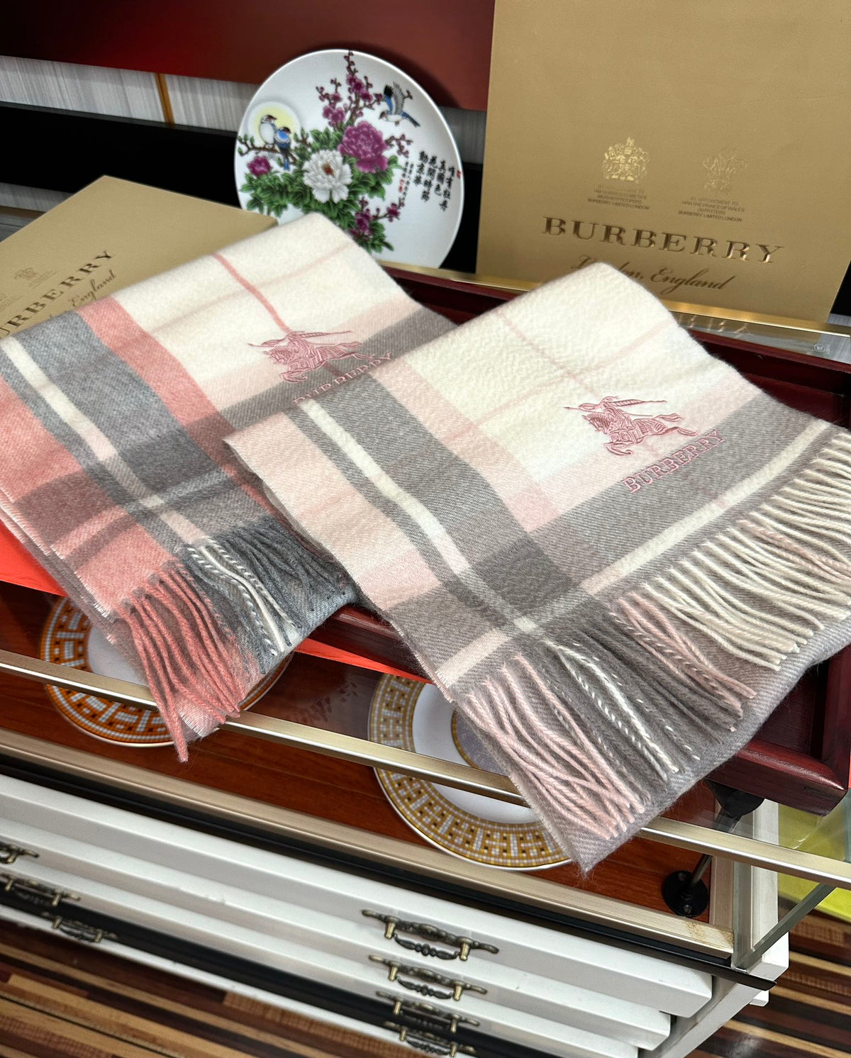BBR Long Scarf 180CM Dark Pink Grey Cream Cashmere 153137