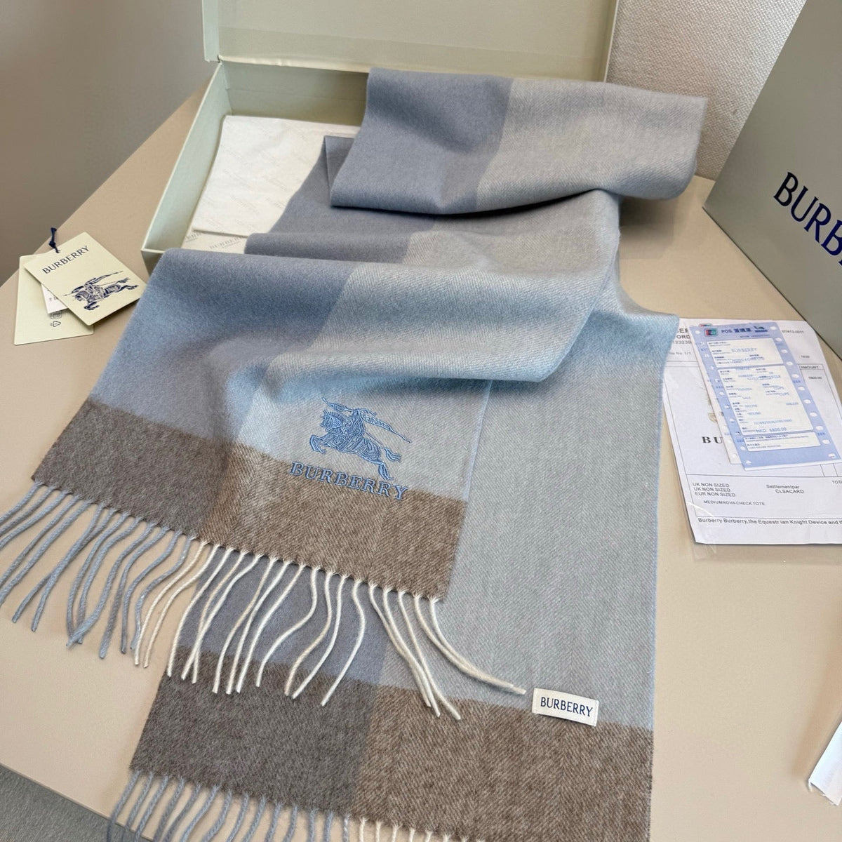 BBR Classic Embroidered Scarf 185CM Light Blue Cashmere 292813