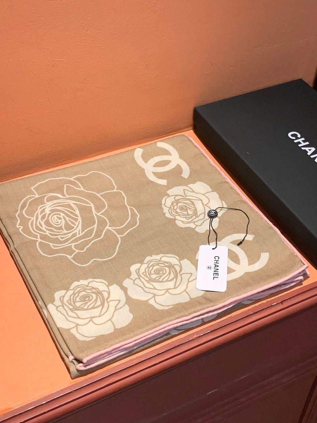CC Camellia Scarf 140cm Beige Colorful Cashmere Silk 168123