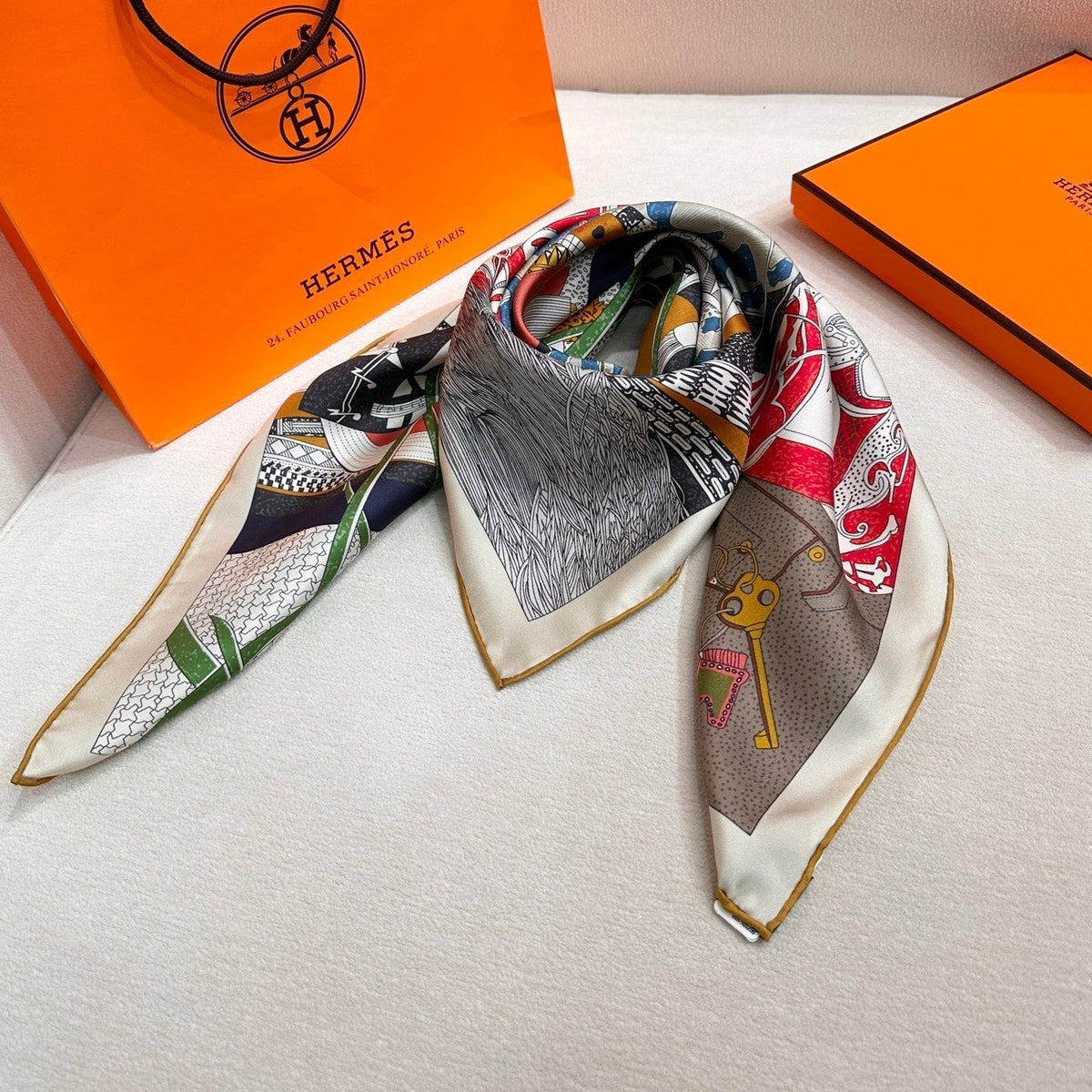 Hermes 26s Printed Square Scarf 88 In Silk 309442