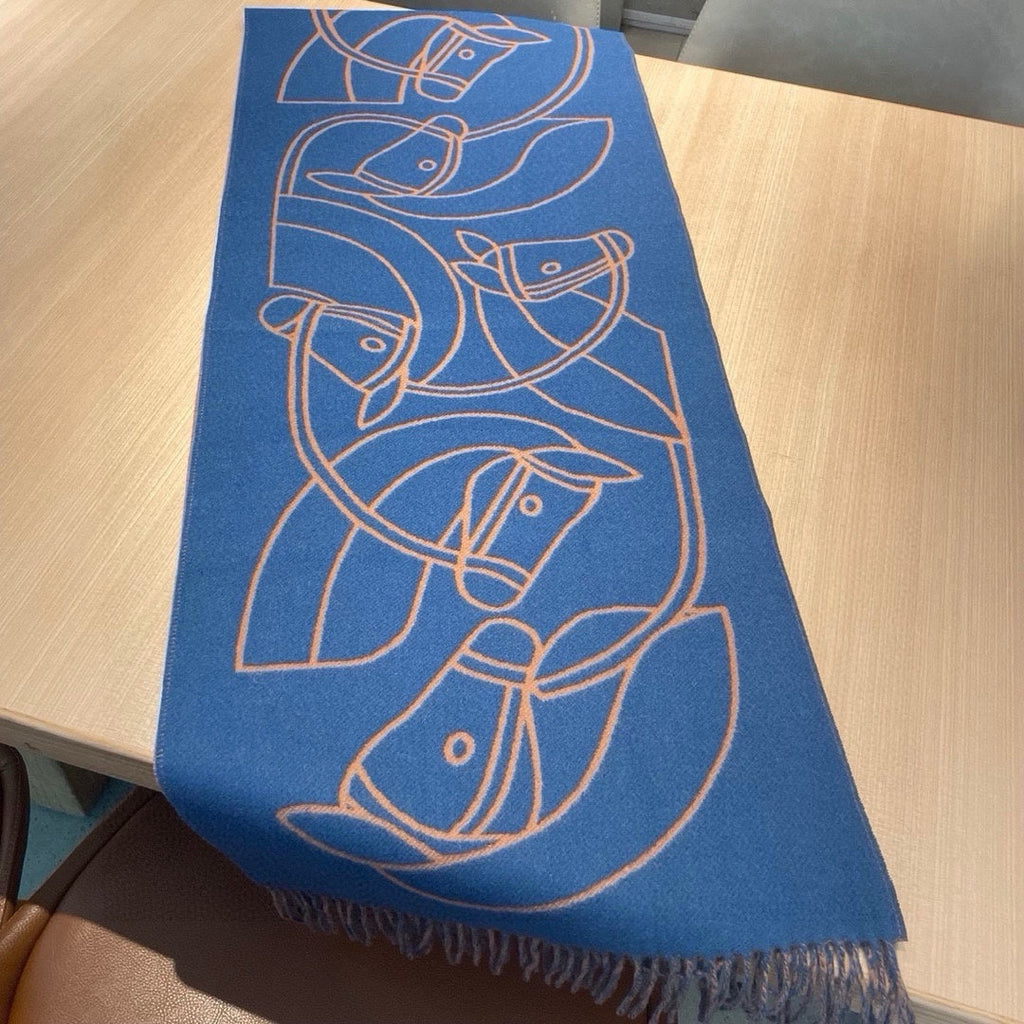 Casaque Entrelacs Equestres Scarf 195 CM Blue Mix Light Brown Cashmere