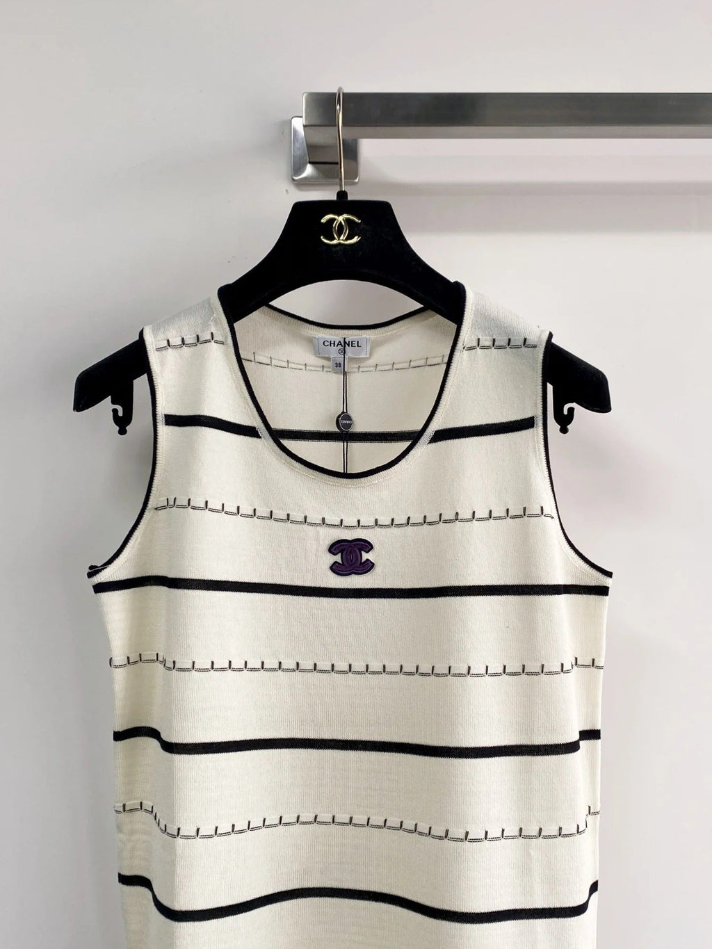 Chanel 2026 Black And White Striped Knit Tank Top Wool Cashmere