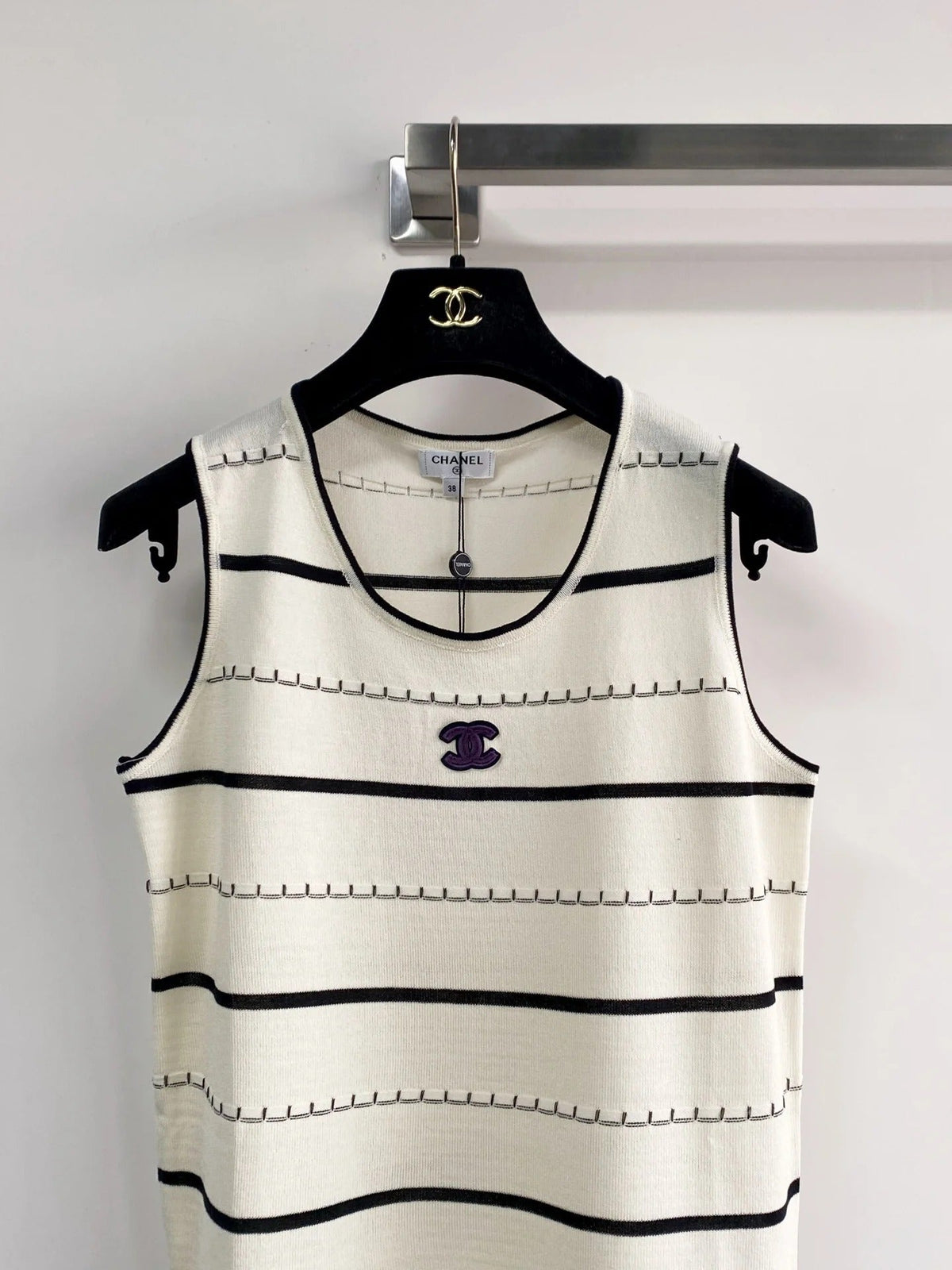 Chanel 2026 Black And White Striped Knit Tank Top Wool Cashmere