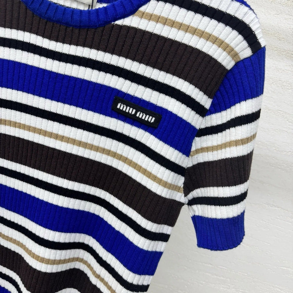 Miumiu 2026 Striped T-shirt Blue White Brown Wool Cashmere 356974