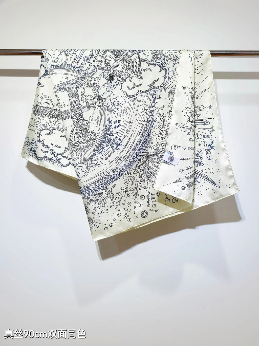 HM 26s 90 Double Sided Scarf White Gray Blue Colorful Mulberry Silk 145751