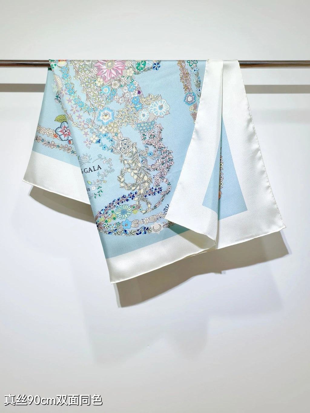 HM 26s 90 Double Sided Scarf Light Blue White Colorful Mulberry Silk 145754