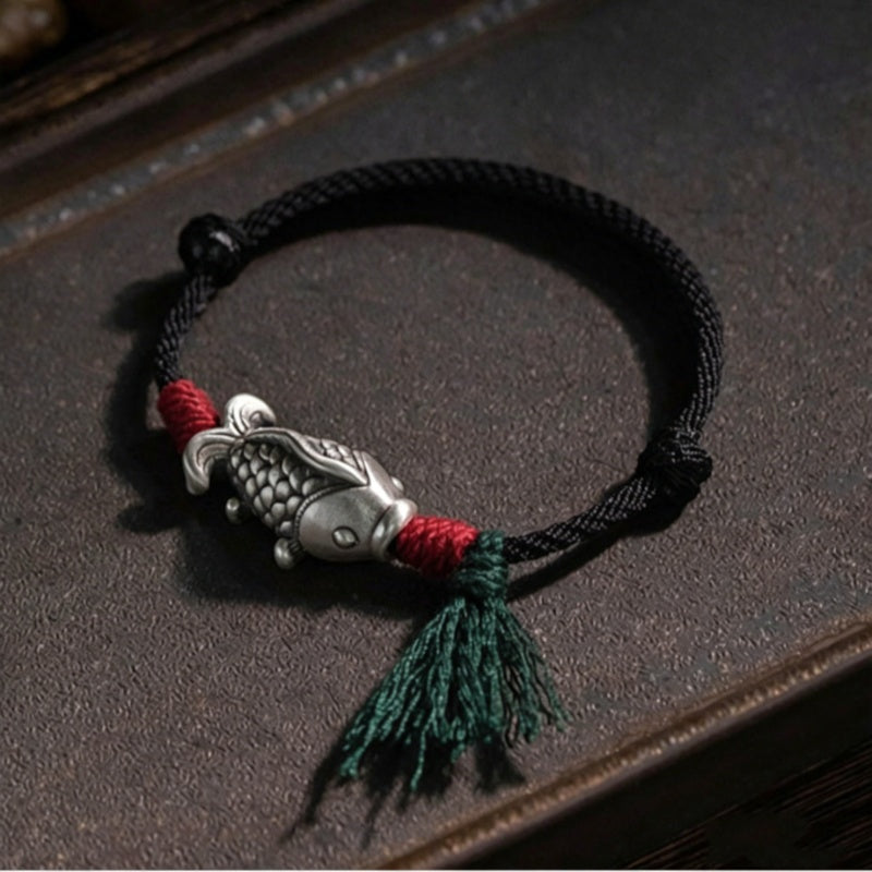 Silver Koi Woven Cord Bracelet ¨C Luck. Perseverance & Smooth Success