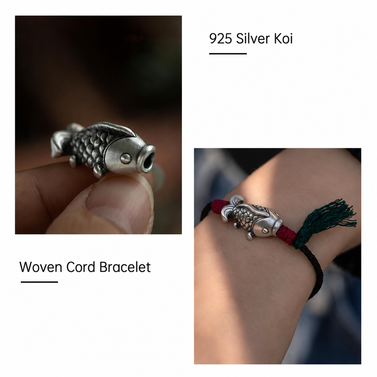 Silver Koi Woven Cord Bracelet ¨C Luck. Perseverance & Smooth Success