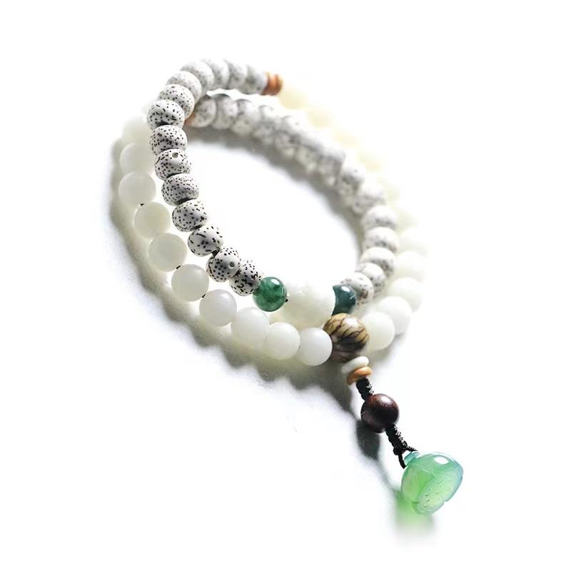 Mala Bracelet-Green Agate Lotus Bodhi Root